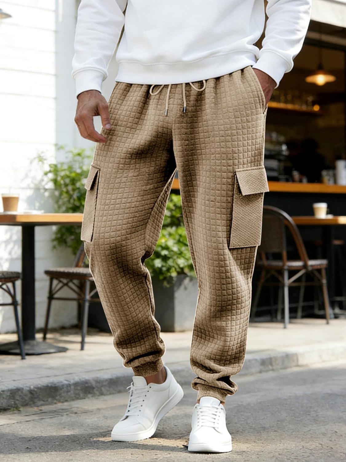 Mens Sweatpants Waffle Knit Pants Elastic Waist Drawstring Jogger Sweatpants with Pockets - Image 3