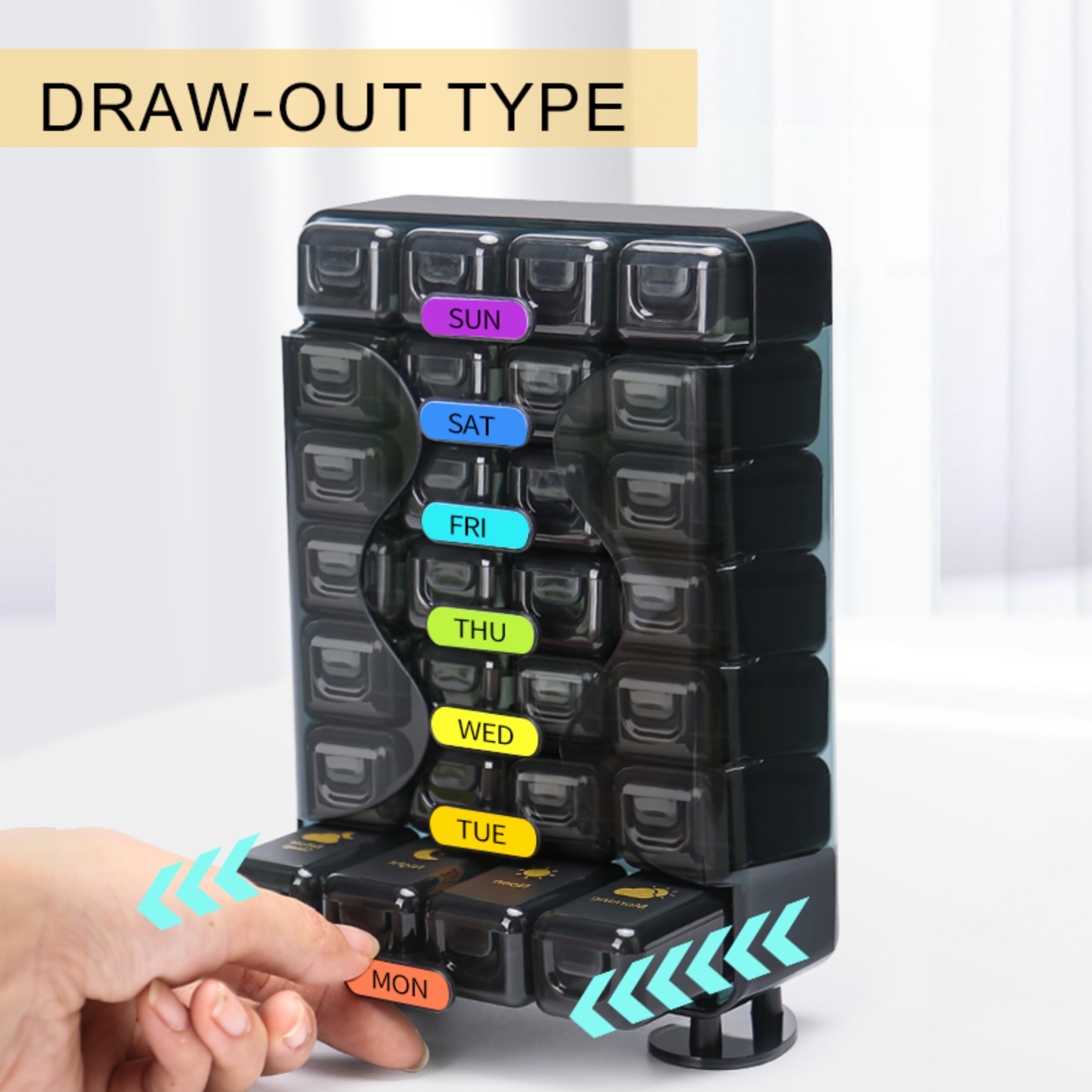 Big Premium Medicine organizer- Medicine organizer box- 7 days Pill Box For Home-Pill Organizer Case With Large Compartments, Portable for pills & Supplements (Black, Standing (4 Compartment)) 3