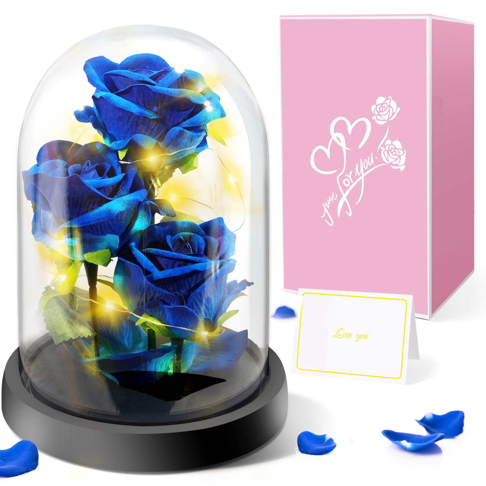 Regalo di San Valentino Per Mamma Nonna, Fiore Rosa Regalo per Lei - 3 Rose di Seta Blu con Luce a LED in una Cupola di Vetro per la Festa Della Mamma, Compleanno, Anniversario, Fiore Rosa Regalo