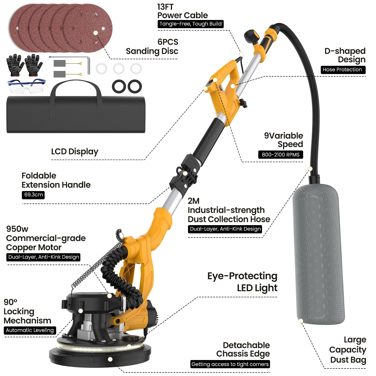Ponceuse Girafe 950W,Système de vidange automatique & vitesse à 9 niveaux,Machine De Ponçage De Plâtre,Barre Lumineuse LED,Poignée Télescopique,Livrée avec 6 Disques Abrasifs