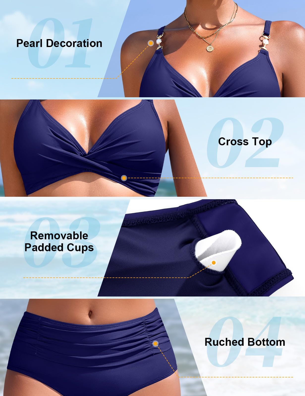 Nadeer Traje de Baño para Mujer Top Cruzado Cuello en V Dos Piezas con Perlas Sexy Elegante Conjuntos de Bikini Control de Vientre de Cintura Alta Bañador de Playa