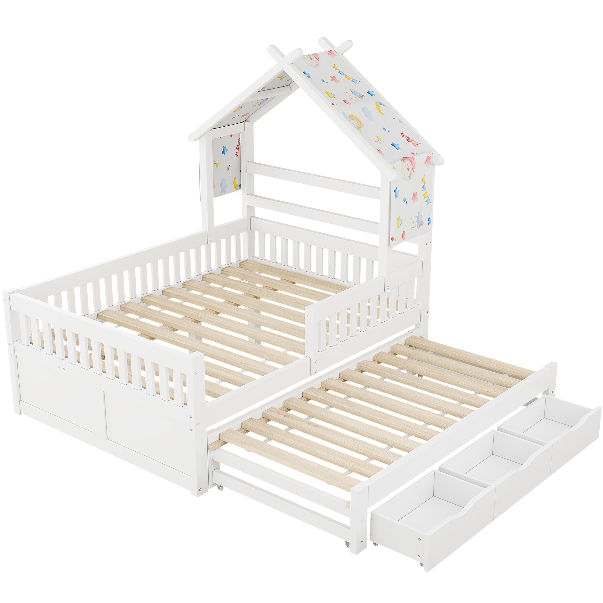 Soweiz Letto per bambini con protezione anticaduta, letto estraibile e scatole portaoggetti, in legno, 140 x 200 cm, letto per la casa dei bambini, letto stabile con design a tetto (bianco)
