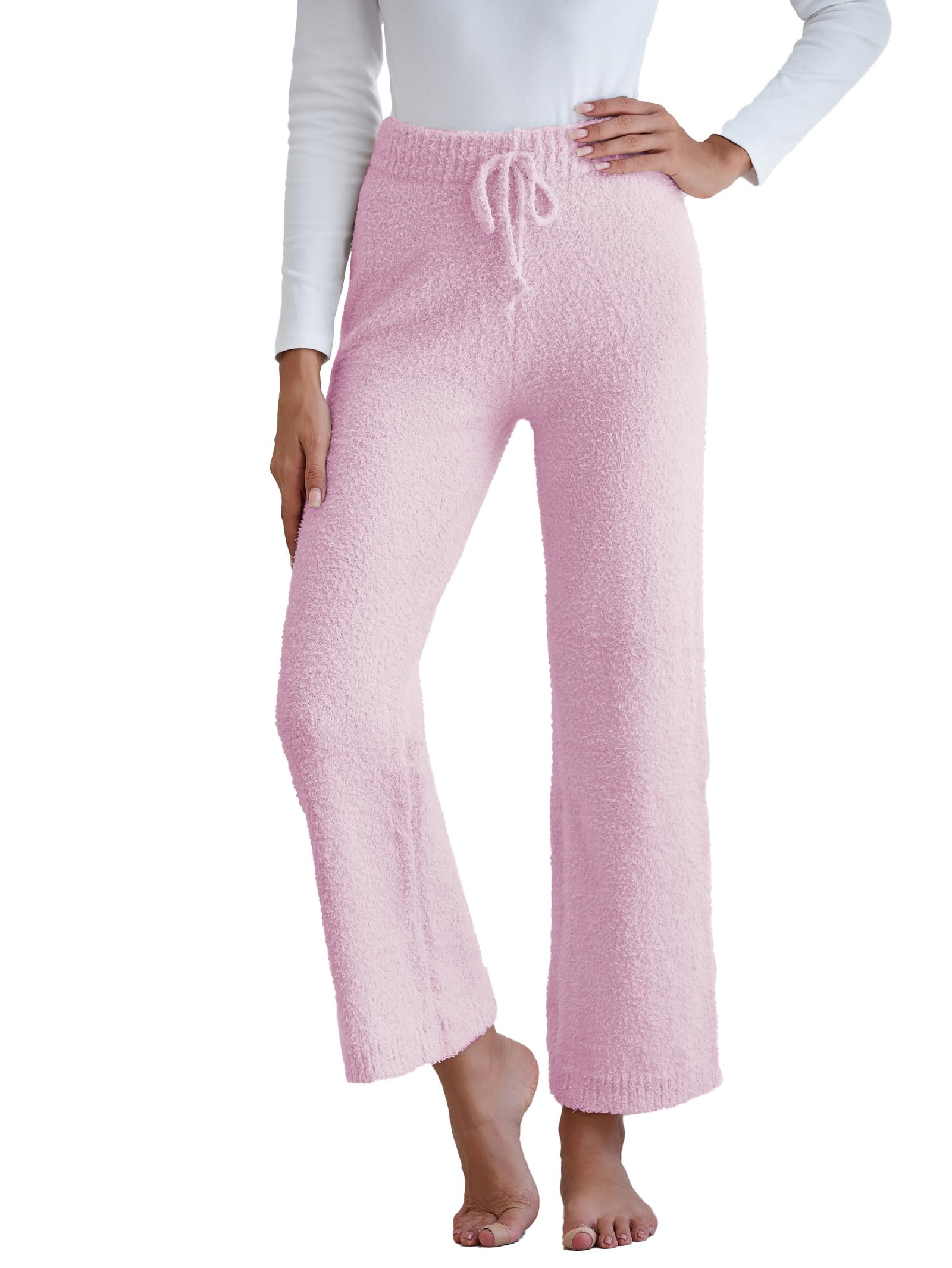 Famulily Womens Fuzzy Long Pants Drawstring Wide Leg Pajamas Bottoms Warm Comfy Sleepwear Pants
