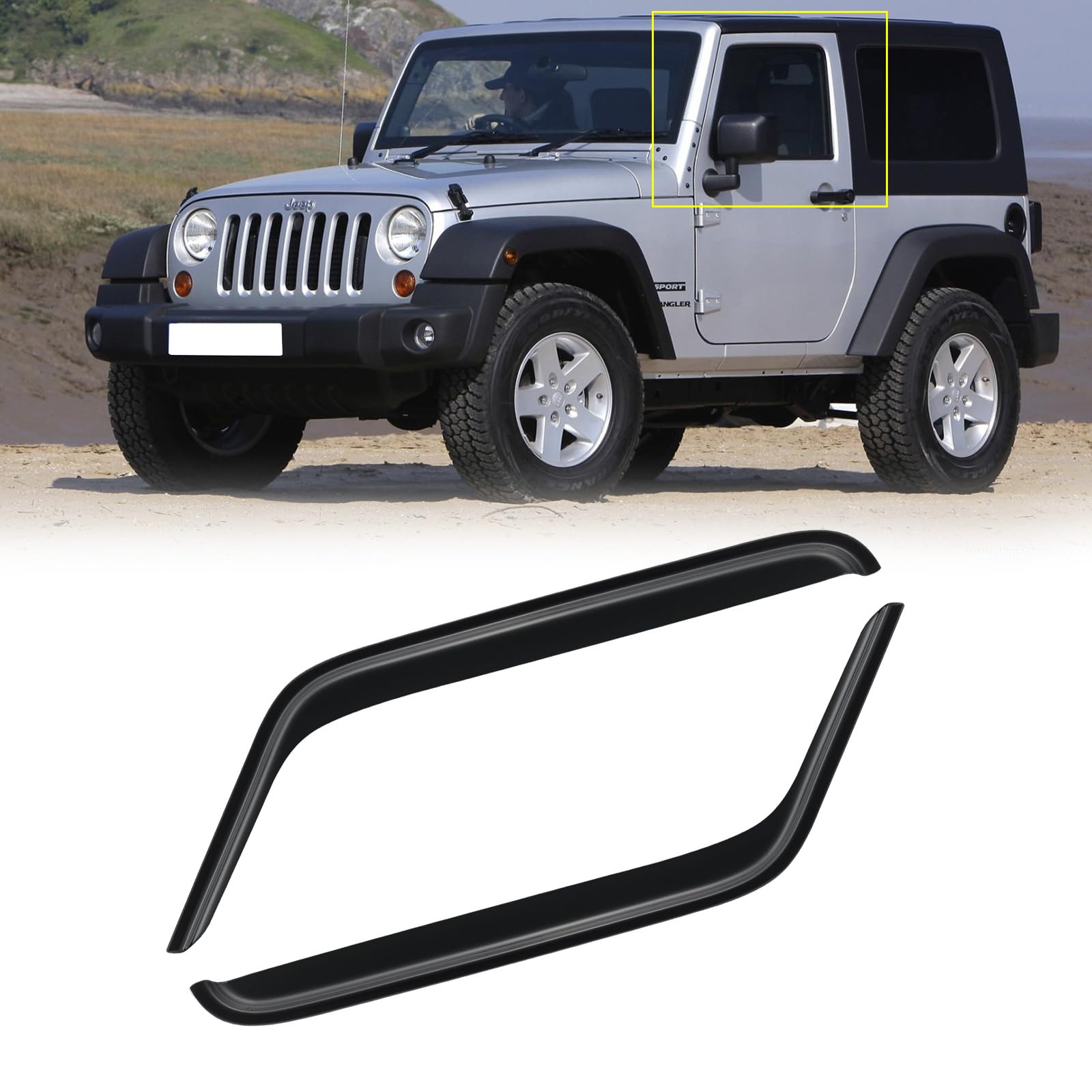 Window Visors for 2007-2018 Jeep Wrangler JK 2-Door, Rain Guards Shields Vent Shade Deflector Wind Dark Smoke 2008 2009 2010 2011 2012 2013 2014 2015 2016 2017, Tape-On, 2PCS