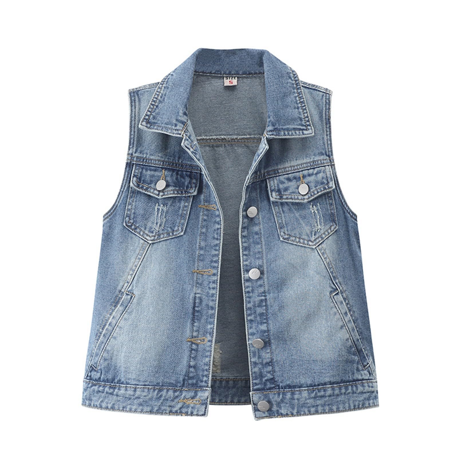 WWricotta Chaleco vaquero para mujer, medio corto, chaqueta sin mangas, desgastado de algodón, ideal para primavera y verano, varios lavados, estilo casual, femenino