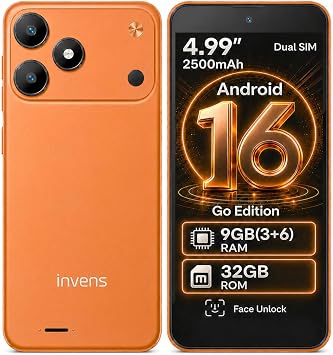 invens TK02 Mobile Phone, Android 16 Go, 5.0" Mini Smartphone,Orange