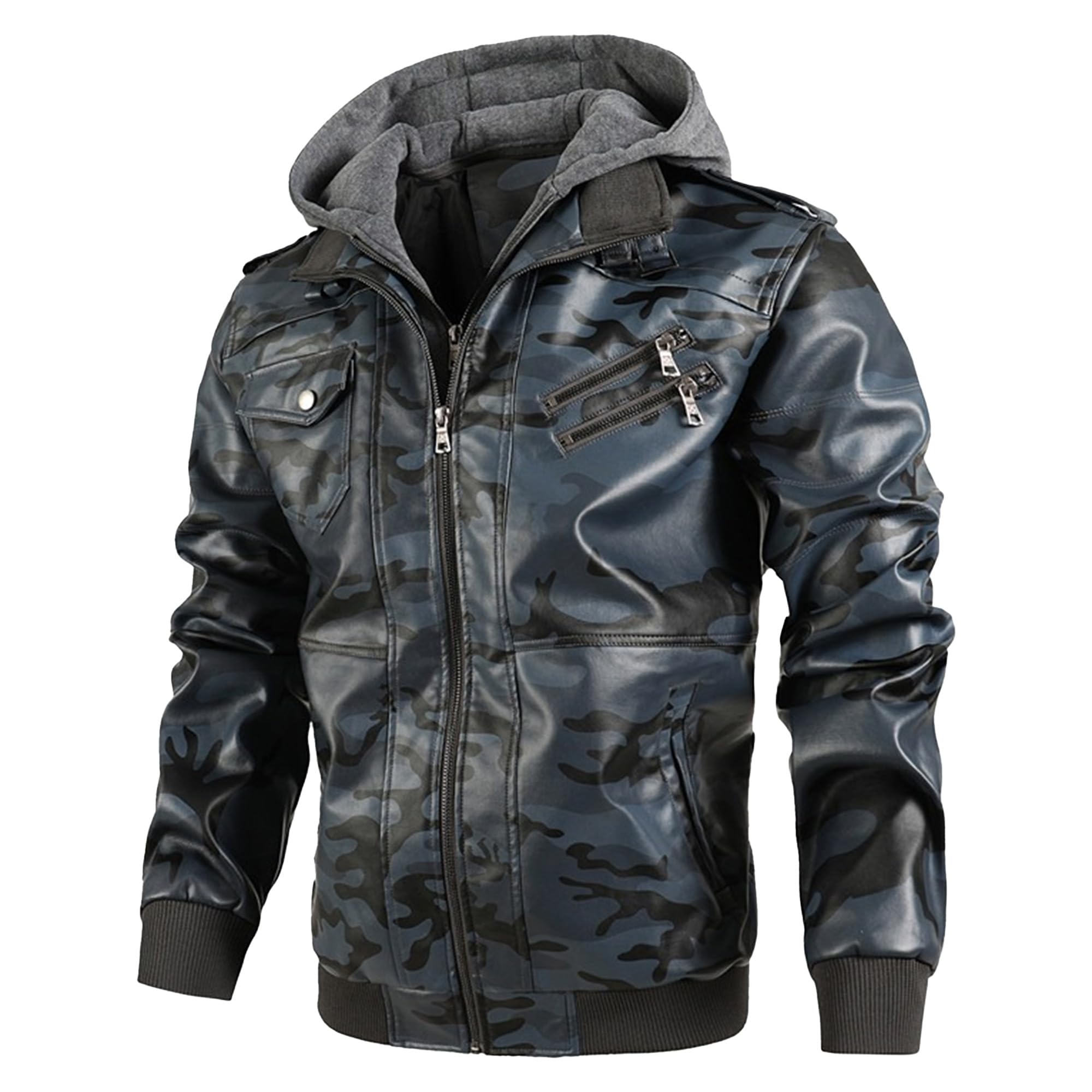 Veste bomber à capuche en similicuir bleu coupe slim S - 7
