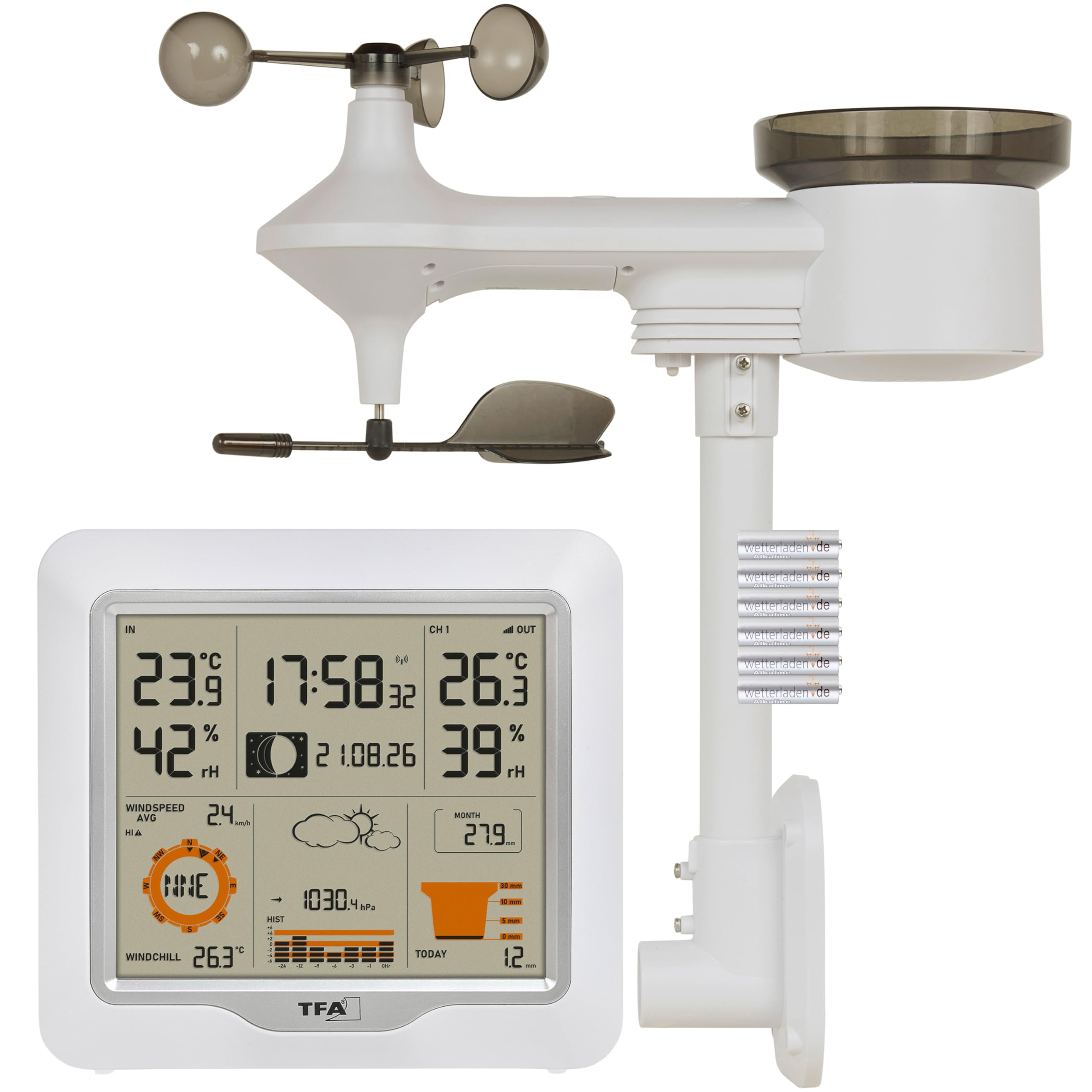 TFA Dostmann Digitale Funk-Wetterstation 5-in-1 mit Kombisender Weather One, 35.1177, Luftfeuchtigkeit, Temperatur, Regenmesser, Windmesser, mit Luftdruck, Wettervorhersage, Alarme