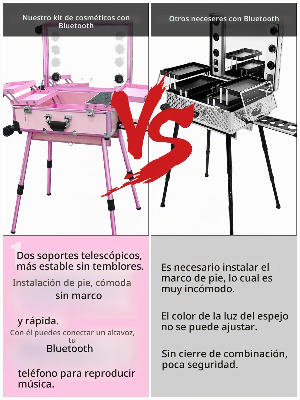 EBANKU Maleta de Maquillaje con Ruedas, Trolley con Luces LED y Bluetooth, Maletín Profesional de Aluminio para Maquilladores (Rosa)
