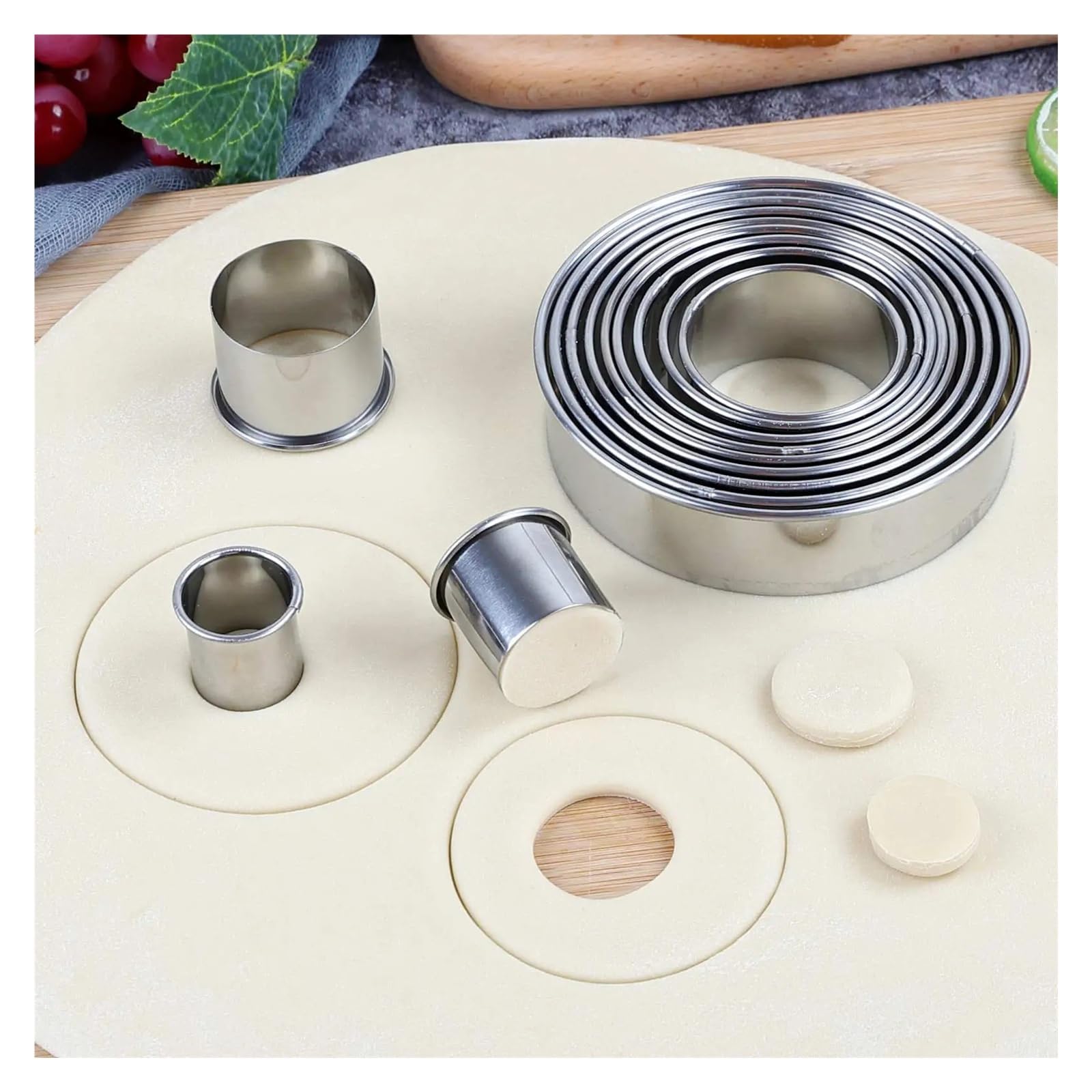 Juego de cortadores de galletas, 12 Uds., moldes redondos de acero inoxidable de varios tamaños con borde enrollado, aptos for lavavajillas for fondant, donut, fruta, hogar, bricolaje, Baki