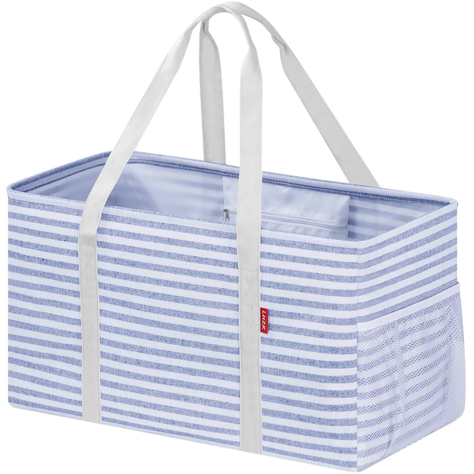 Panier à provisions pliable avec cadre en fil métallique et fond renforcé - Grand panier de transport avec poignée - Idéal pour le shopping, les pique-niques, la plage, le camping (bleu)