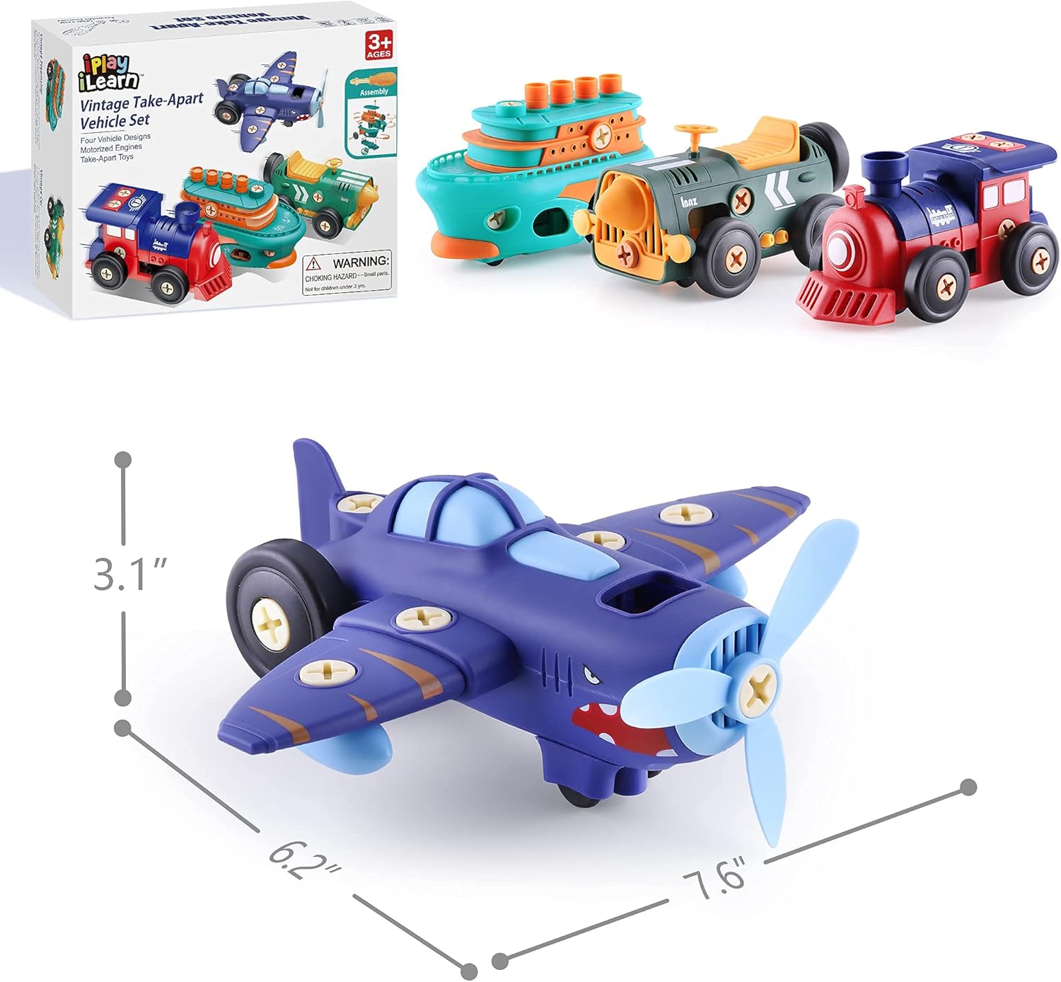 iPlay, iLearn Take Apart Toy Vehicle Playset, Kids Assembly Build Set W/ Screwdriver, Vintage Electronic Motor Car Boat Airplane Train, Preschool STEM, Birthday Gifts for 3 4 5 6 7 Year Old Boys Girls : Toys & Games