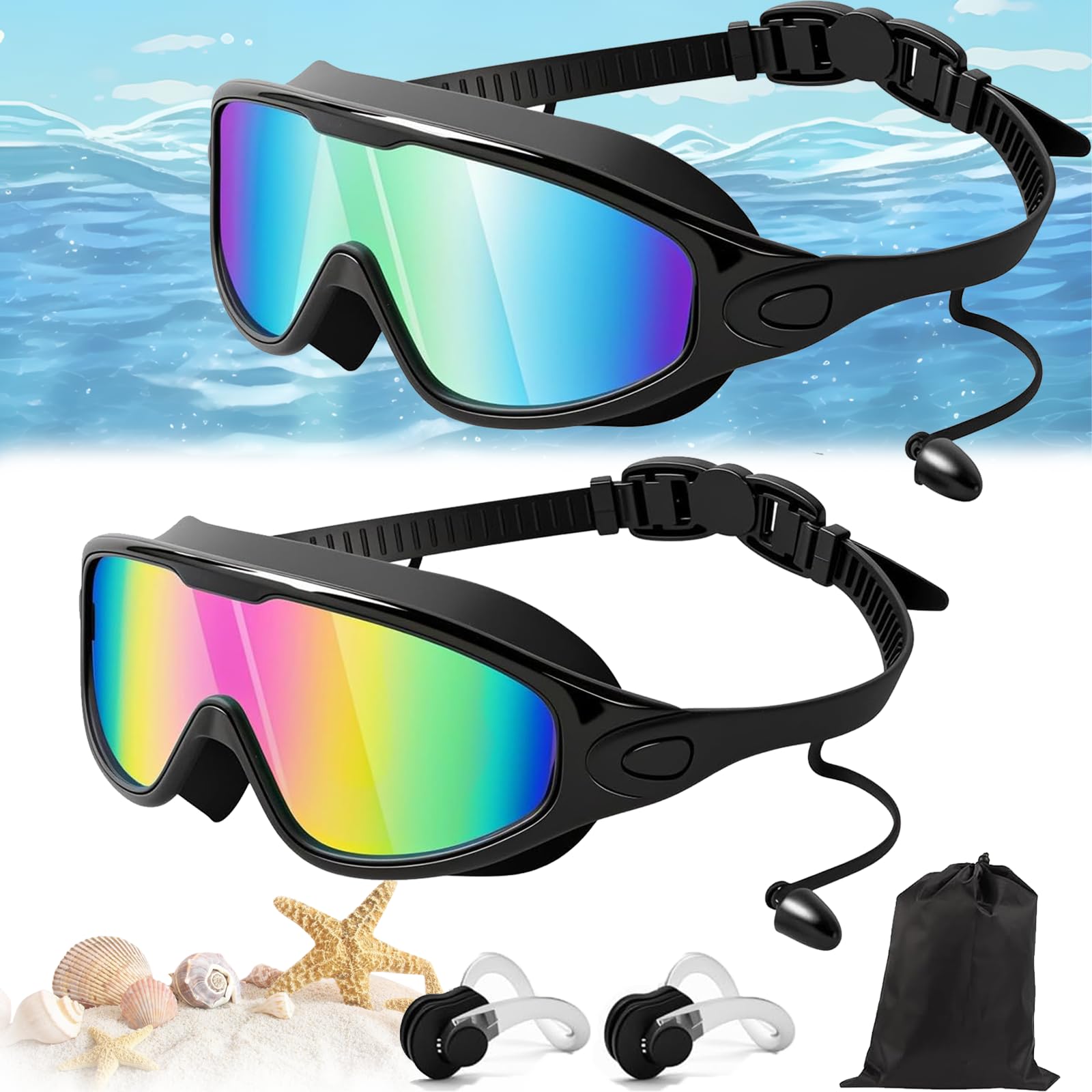 Qosneoun My Cool Summer Goggles Swimming, Goggles with Ear Plugs, No Leaking Swim Glasses for Adult, Kids, HD Large Frame Waterproof Anti-Fog Swimming Goggles (Combination-E, Adults)