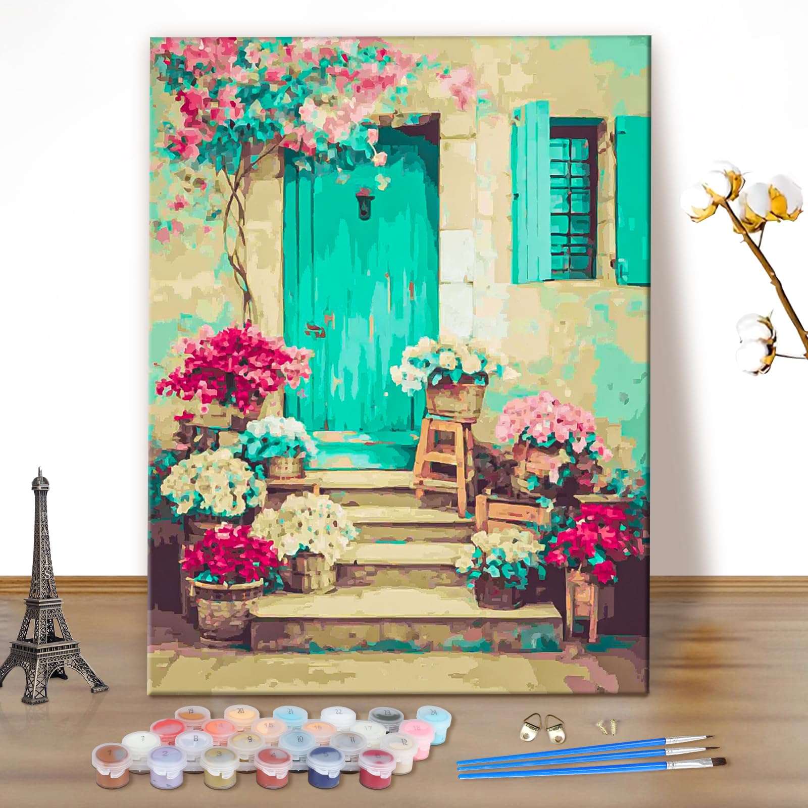 MEIYUDA Paint By Numbers Per Adulti – Kit Fai Da Te Con Telaio, Casa Dei Fiori Colorati, 40x30cm, Colori Acrilici E Pennelli Inclusi