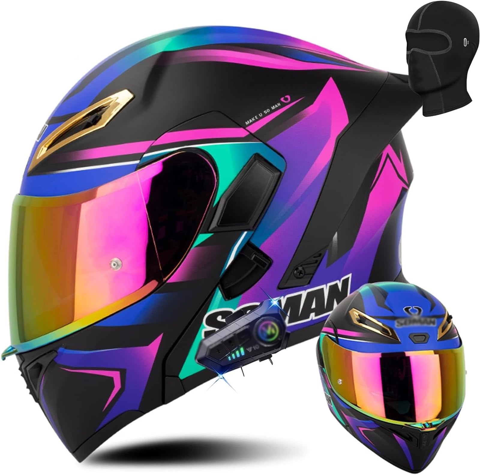Casque Moto Intégral Flip-up Avec Bluetooth - Homologué ECE, Double Visière, Haut-parleur Intégré