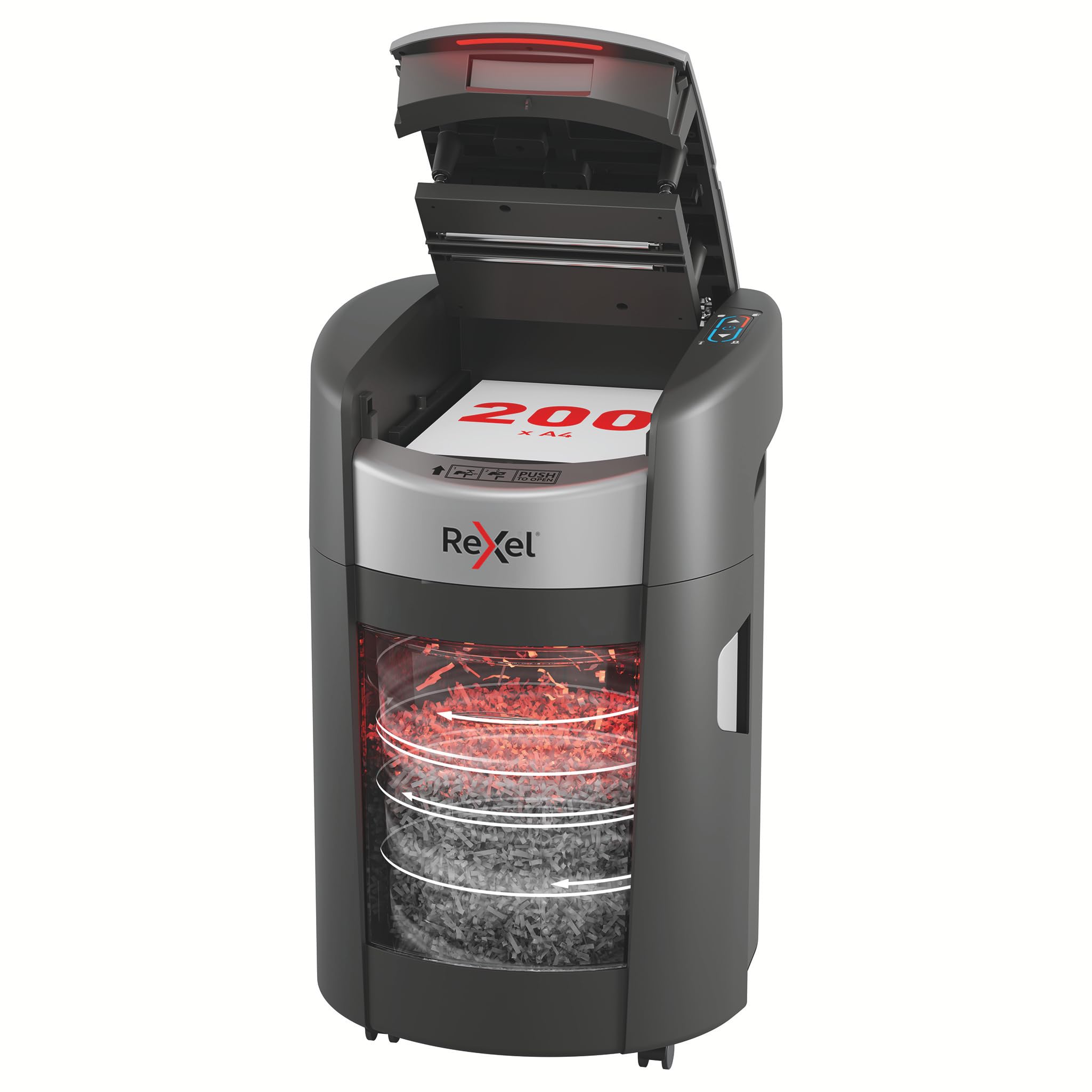 Rexel ShredMax AutoFeed+ 200M automatyczna niszczarka mikrościnki P5 | Niszczarka biurowa, zgodna z RODO, rotacja kosza, 200 arkuszy A4, kosz 21 l, <55 dBA, 30 min pracy, home office