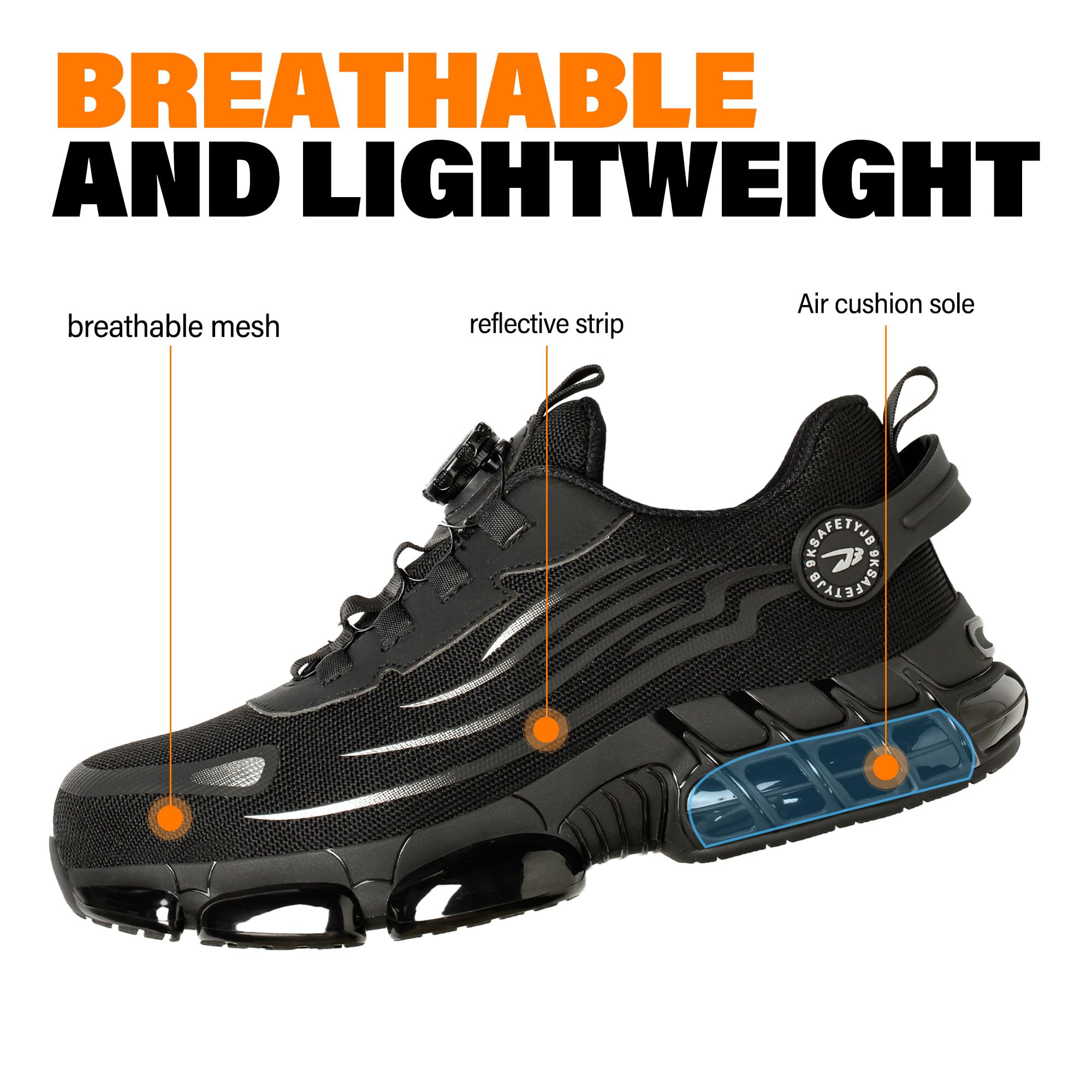 Zapatillas de seguridad para hombre y mujer, puntera de acero, transpirable, con cojín de aire | Zapatos de seguridad ligeros a prueba de pinchazos con puntera de acero, cordones de hebilla giratoria