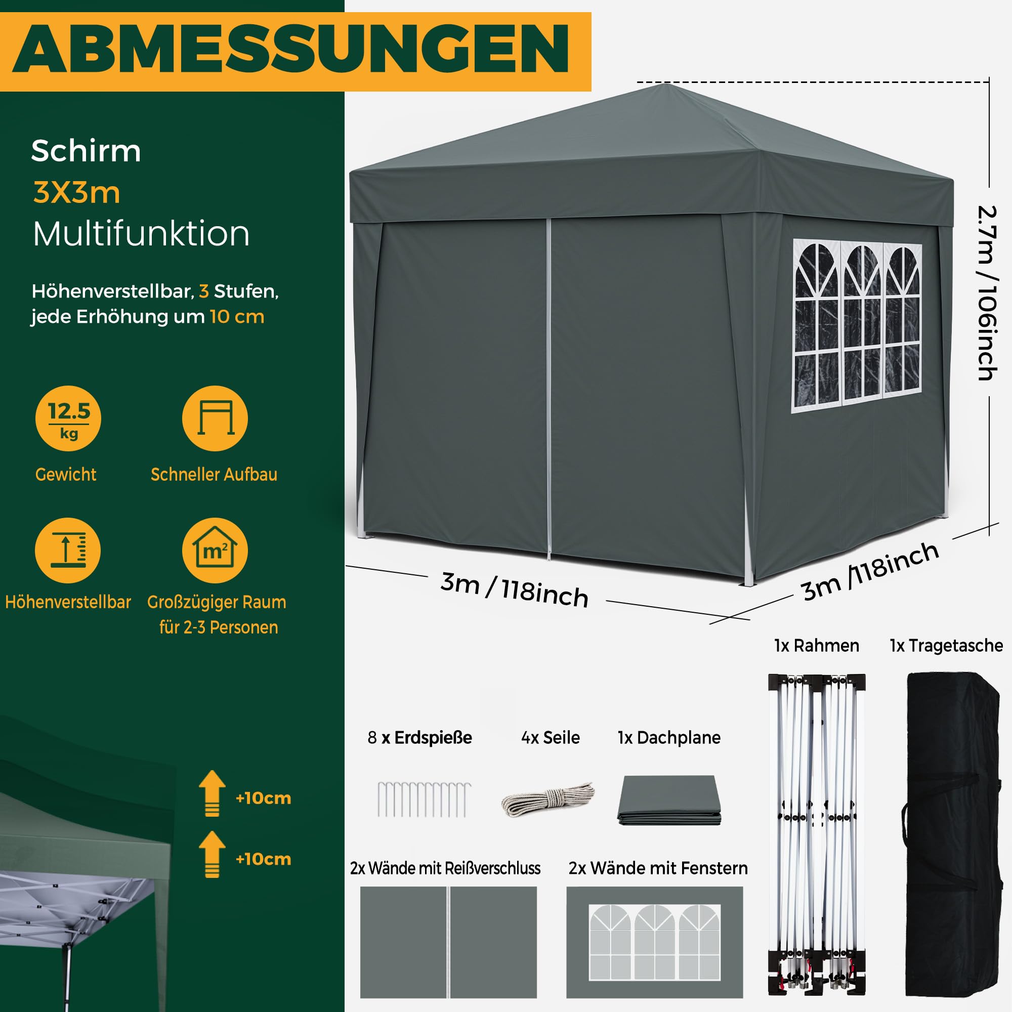 Pavillon 3x3m, Pop-Up Faltpavillon Wasserdicht, Gartenzelt UV Schutz 50+, Partyzelt wasserdicht stabil mit Tragetasche, Höhenverstellbar Faltbar Gartenzelt mit 4 Seitenwänden, für Garten, Party (3*3M)