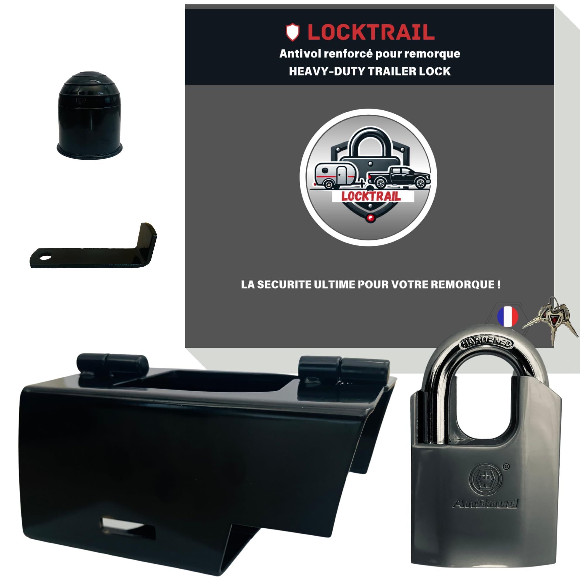 Antivol remorque universel en acier avec Cadenas haute résistance, Compatible remorque moto, voiture, caravane attelée ou non - Protection boule attelage offerte