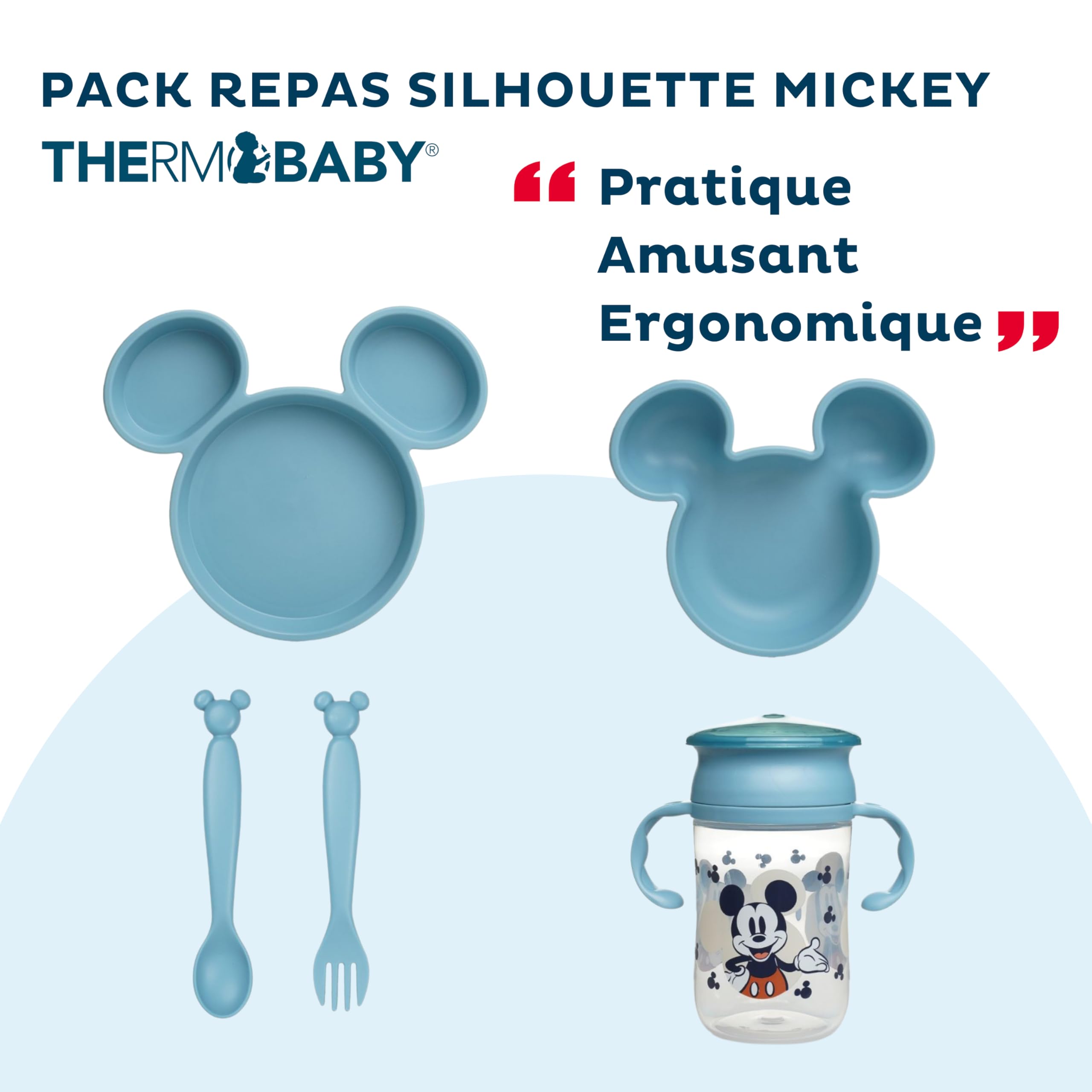Set De Vaisselle Pour Enfants DISNEY Mickey – Assiette Compartimentée - Bol - Cuillère - Fourchette Et Tasse D'Apprentissage 360° – Design Amusant Et Pratique Pour Repas Bébé