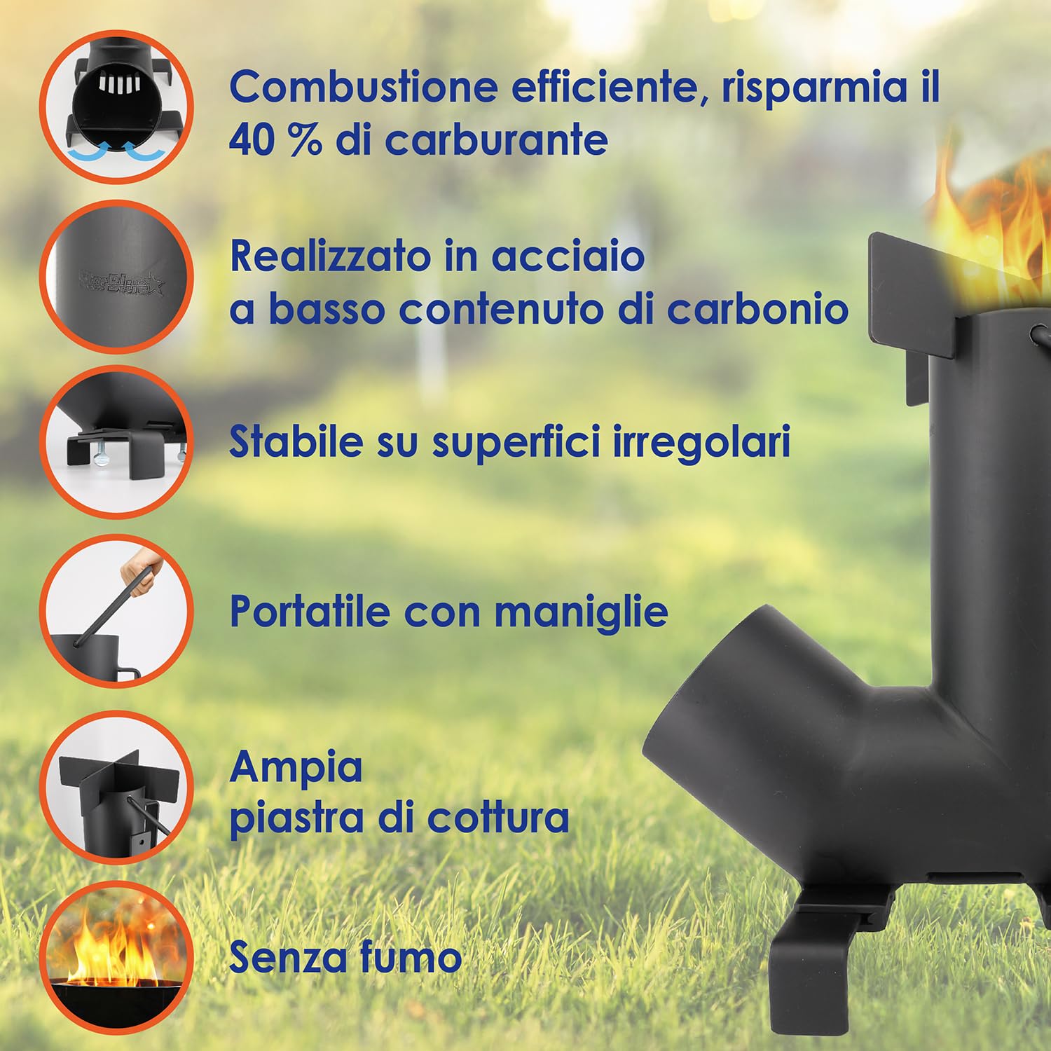 Stuffa a Razzo da Campeggio StarBlue con Borsa per il Trasporto GRATUITA - Fornello Portatile con Camera di Combustione per Cucinare All’aperto, Campeggio, Picnic, Barbecue, Caccia e Pesca