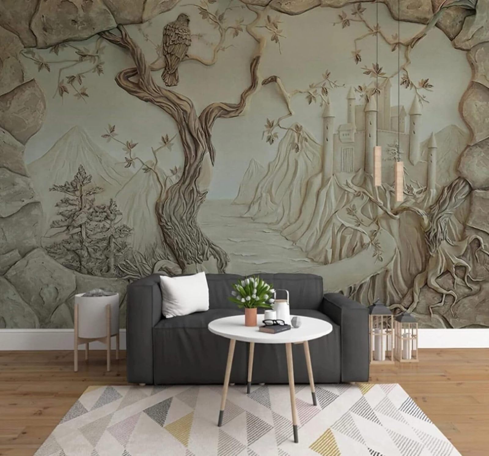 XLMING Relief Castle Large Tree Mountain Peak Landscape 3D Wallpaper Luxury Silk Study Dining Feature Sofa Grey Bedroom Living Room Tv Decorative Wall-200cm×140cm