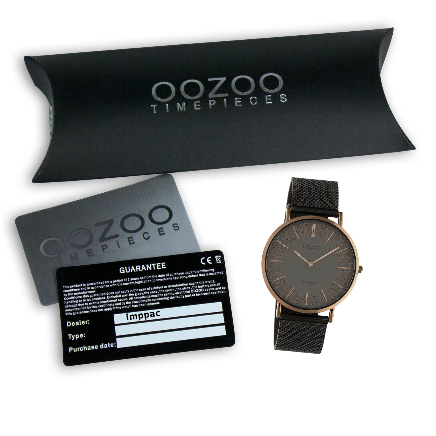 Oozoo Płaski zegarek damski w stylu vintage z metalową bransoletą ze stali nierdzewnej Glitter Line z błyszczącymi elementami w tarczy 40 mm