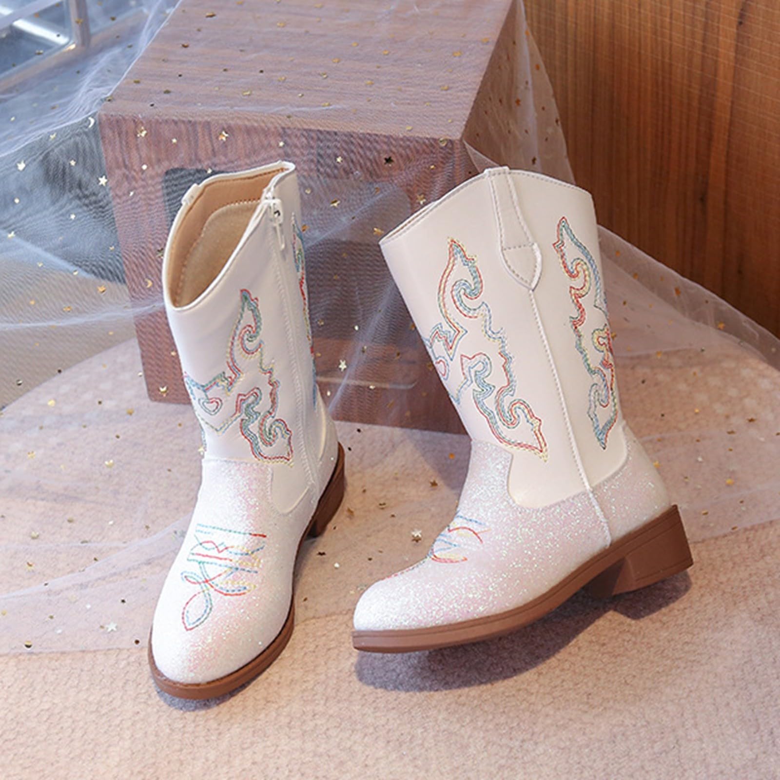 Bottes western cowgirl cowboy pour filles, chaussures d'équitation mi-mollet pour petit enfant/grand enfant