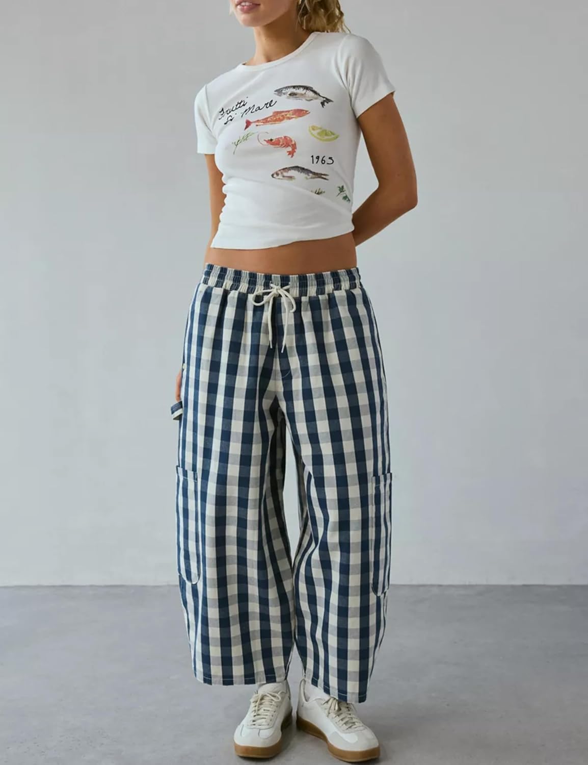 Omoone Wide Leg Barrel Sweatpants Women Gingham Print Crop Baggy Pants High Waisted Cotton Trousers with Pockets - Image 2