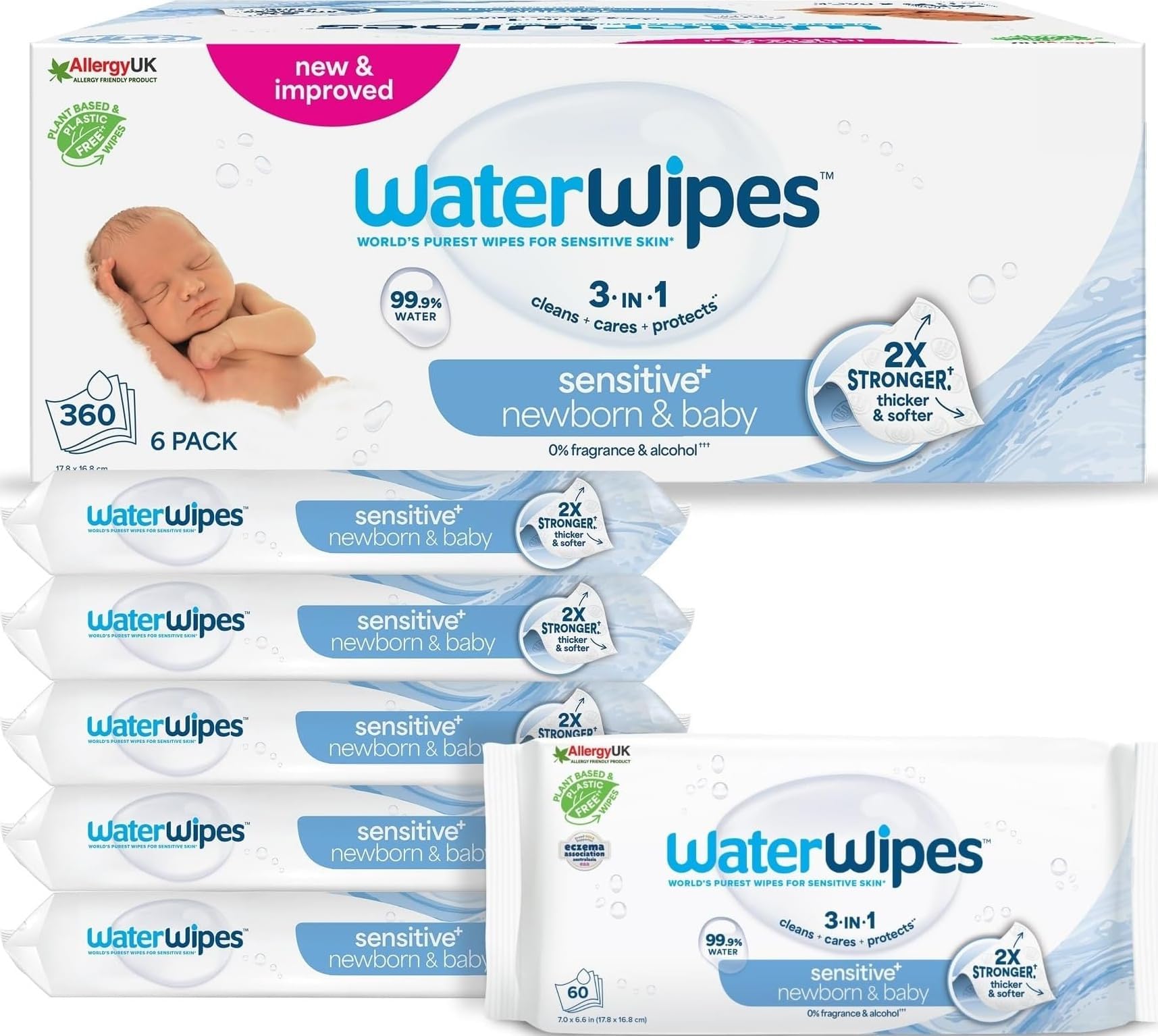 Sensitive+ Newborn & Baby Wipes, 99.9% Water, Unscented, 6 Pack | 3-in-1, cleans, cares & protects, hypoallergenic formula, 0% fragrance & alcohol, 360 count for everyday use