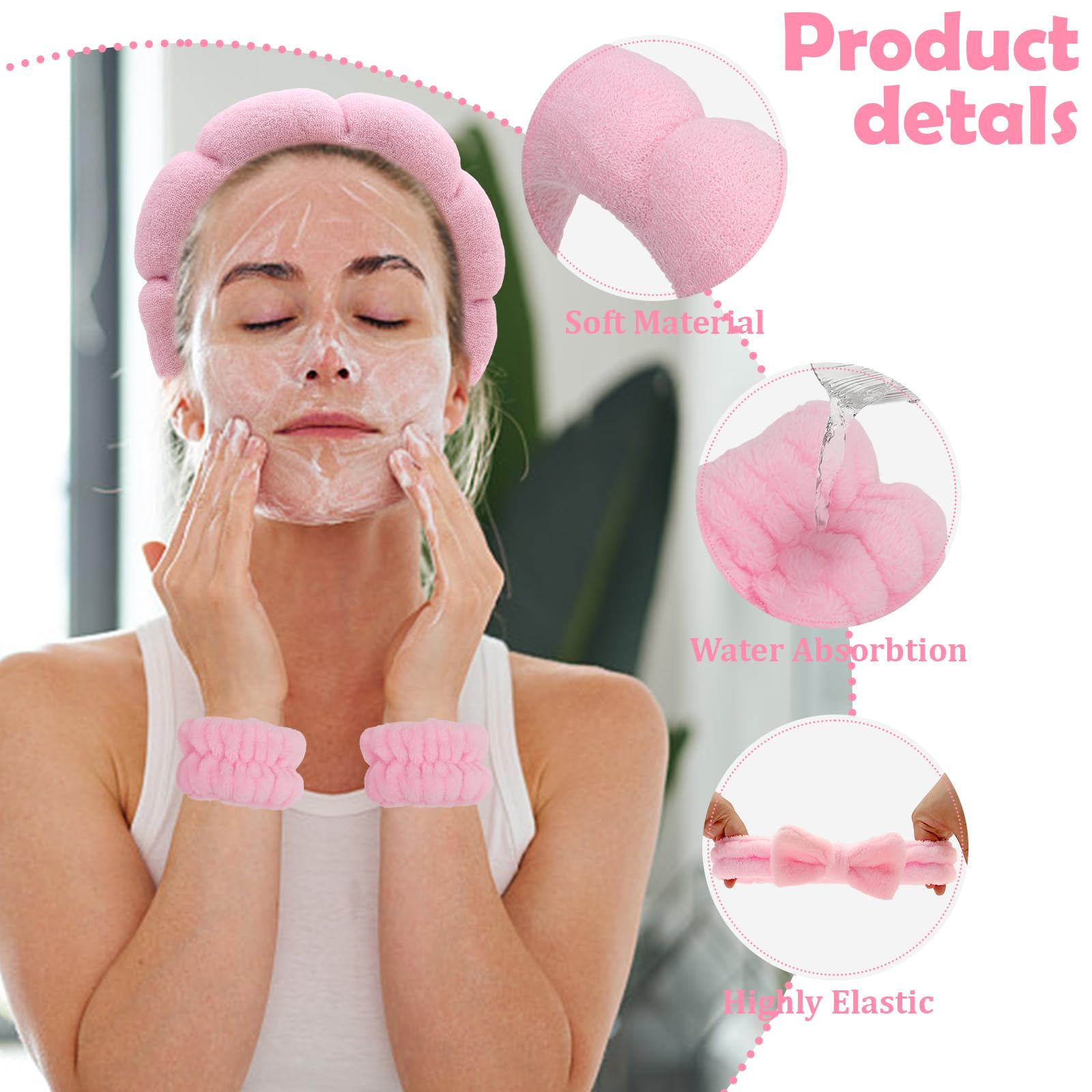 Set di fascia e braccialetto rosa per spa, fascia per lavare il viso, spugna, fasce per la cura della pelle, fasce per il trucco per donne e ragazze, fascia per la cura della pelle, morbida