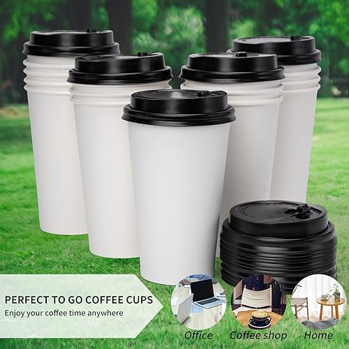 Miniatura 6 de Tazas de café de 16 onzas paquete de 100 100 compostables desechables tazas de café con tapas tazas de papel caliente forradas de PLA