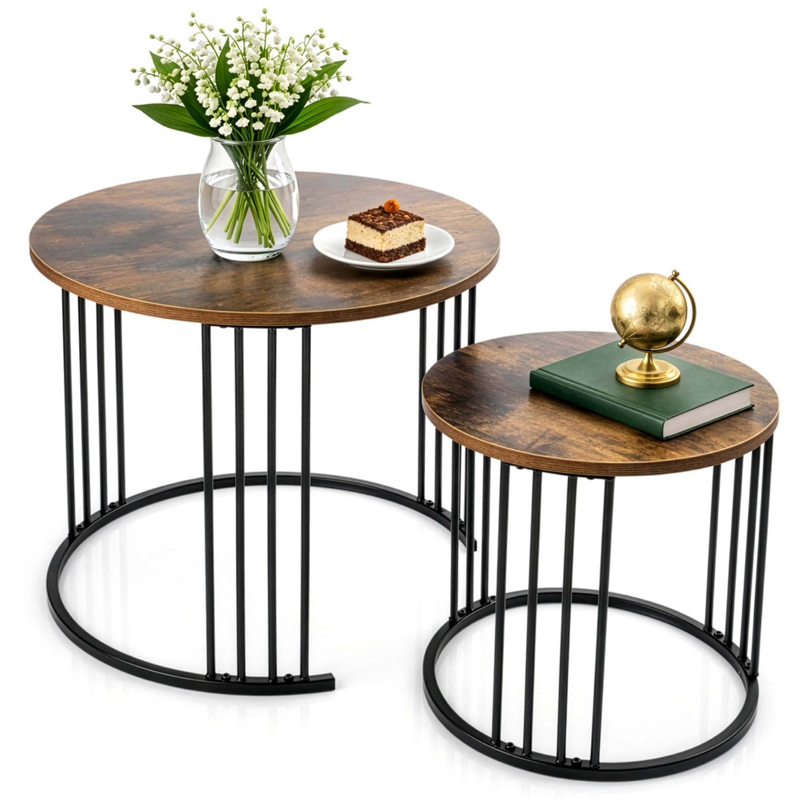 YORKING Nesting Coffee Table Set of 2, Modern End Side Table, Round Table Night Stand for Bedroom Dining Room (Rustic Brown)