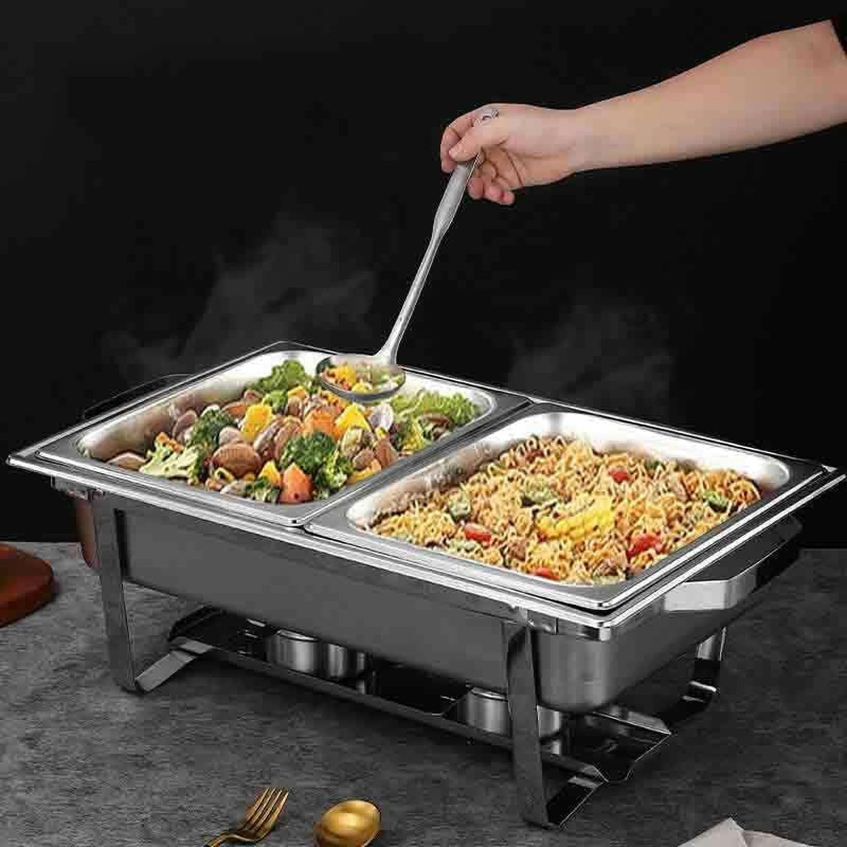 Juego de calentador de alimentos, de acero inoxidable, con doble sartén y tapa para catering, bodas, fiestas, banquetes y eventos