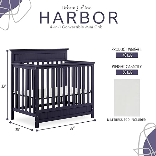 Miniatura 3 de Dream On Me Mini cuna convertible Harbor 4 en 1 en color azul marino, certificado Greenguard Gold