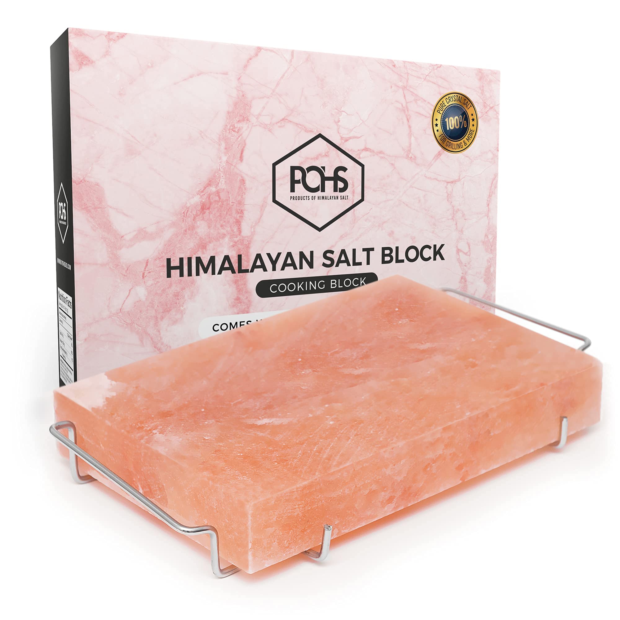 POHS Himalayan Salt Block, 12"x 8" x 2" Salt Slab - Free Stainless Steel Salt Plate Holder & Glove