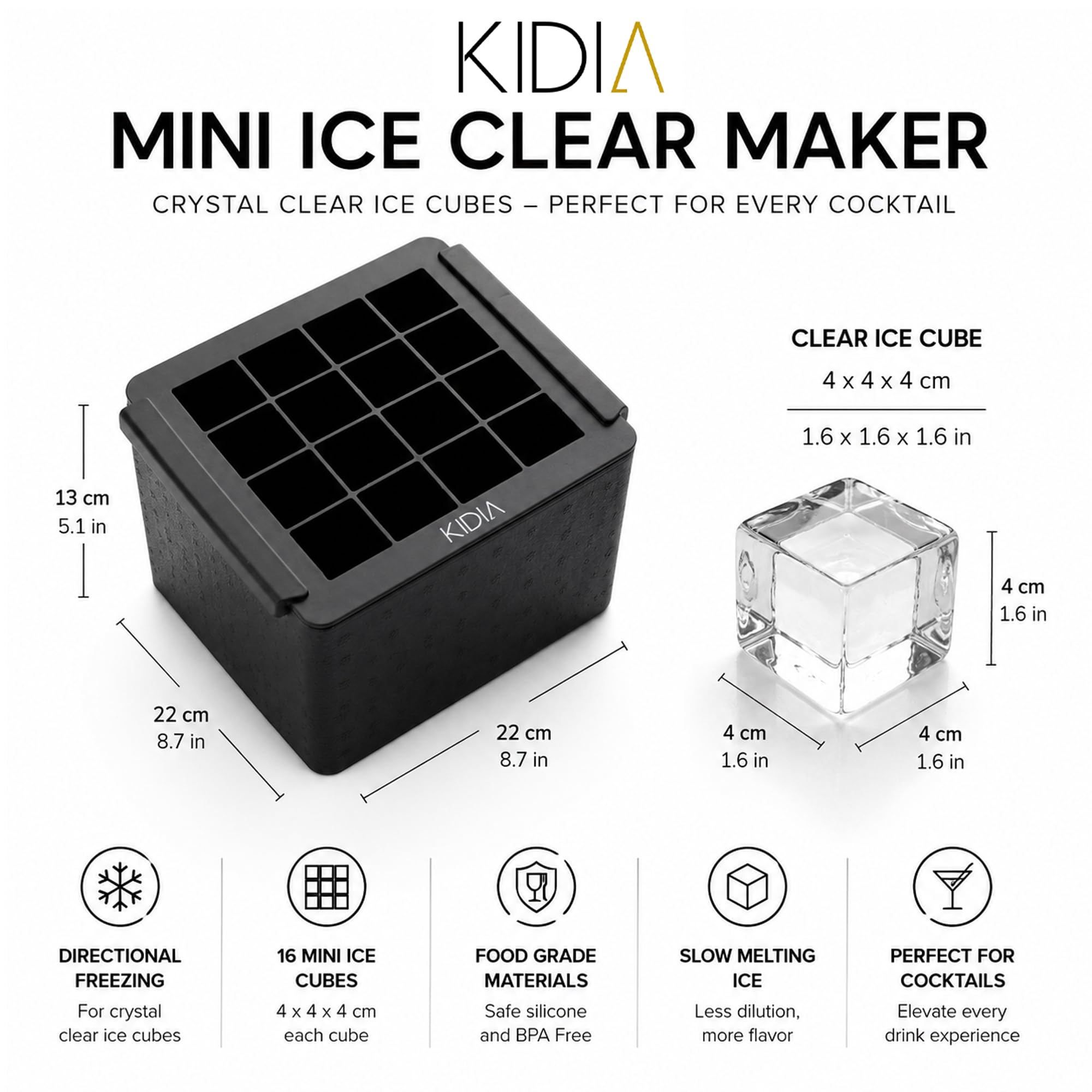 Kidia Mini Clear Ice Cube Maker – Molde para Hielo Transparente 16 Cubitos 4×4×4 cm – Congelación Direccional, Silicona Alimentaria, Caja Aislante para Cócteles, Whisky y Mixología