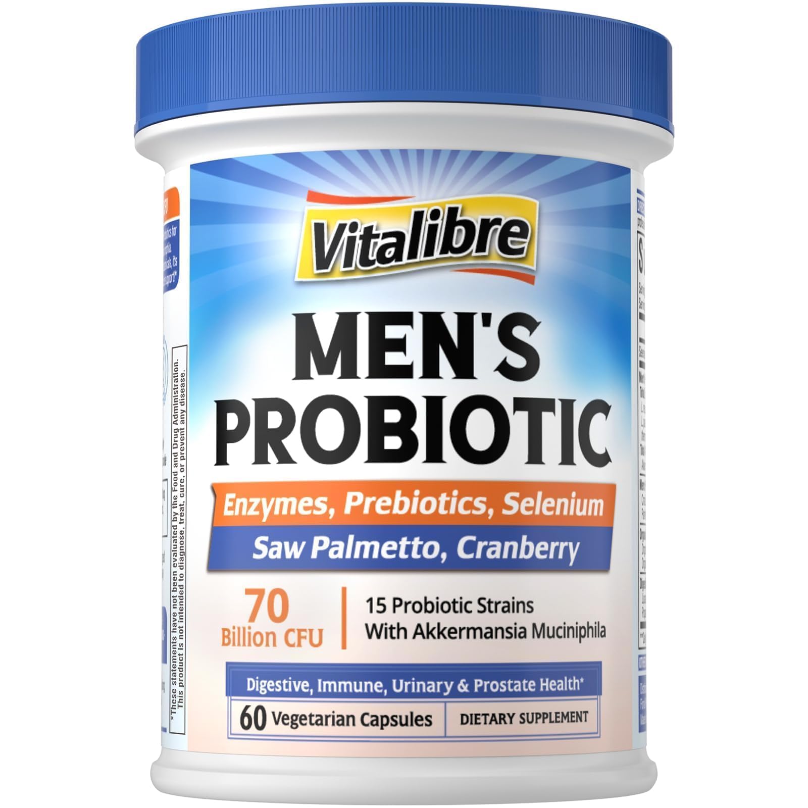 Probiotics for Men with Akkermansia Muciniphila, Prebiotics, Selenium, Enzymes, Saw Palmetto, Cranberry for Digestive, Gut, Immune, Prostate & Urinary Tract Health, 70 Billion CFUs, 60 Capsules 60 Count (Pack of 1)