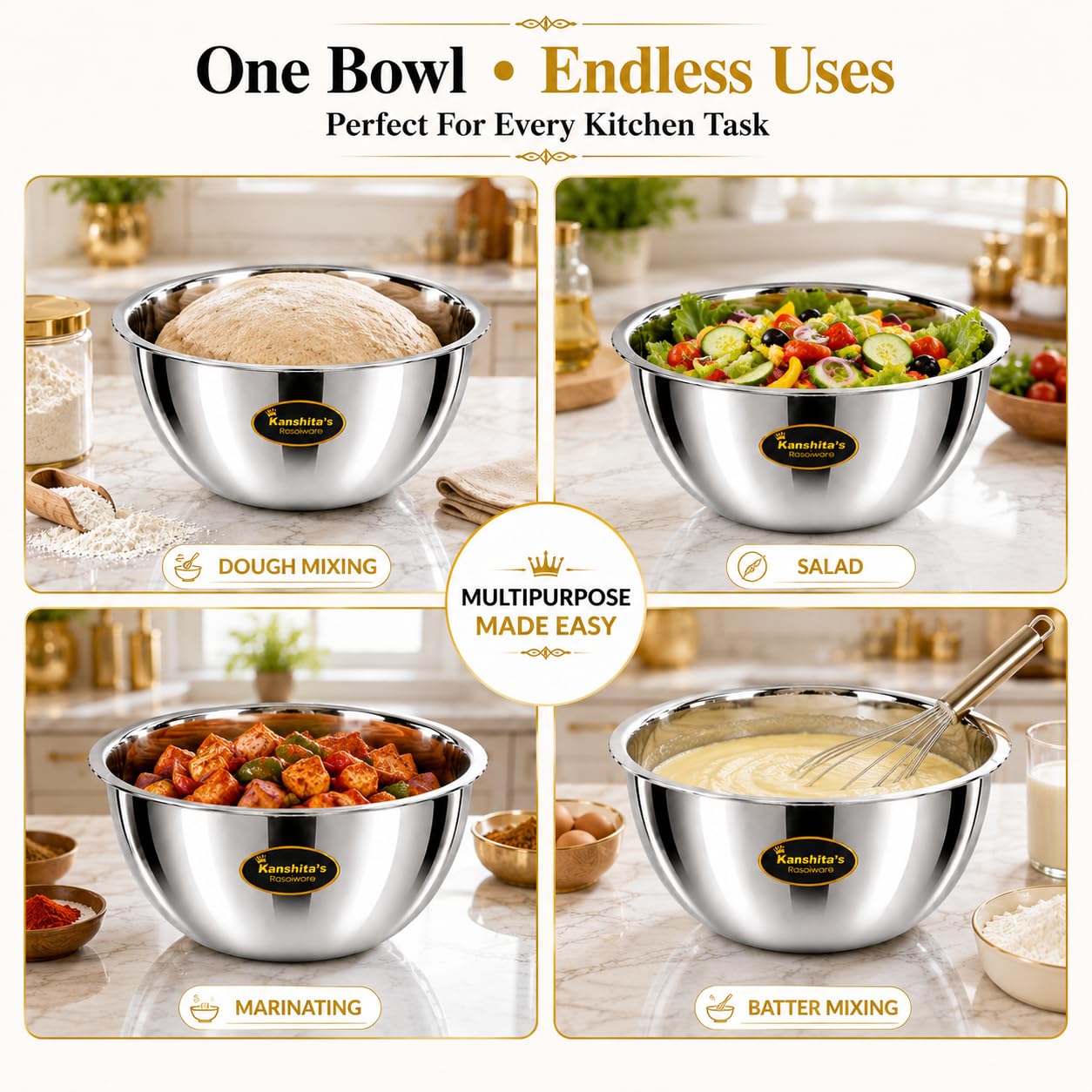 Kanshita's Rasoiware Premium Stainless Steel Mixing Bowl 4000 ml (25.5 cm) | Heavy Duty Food Grade Large Kitchen Bowl for Dough Mixing, Salad, Marinating & Everyday Serving 2