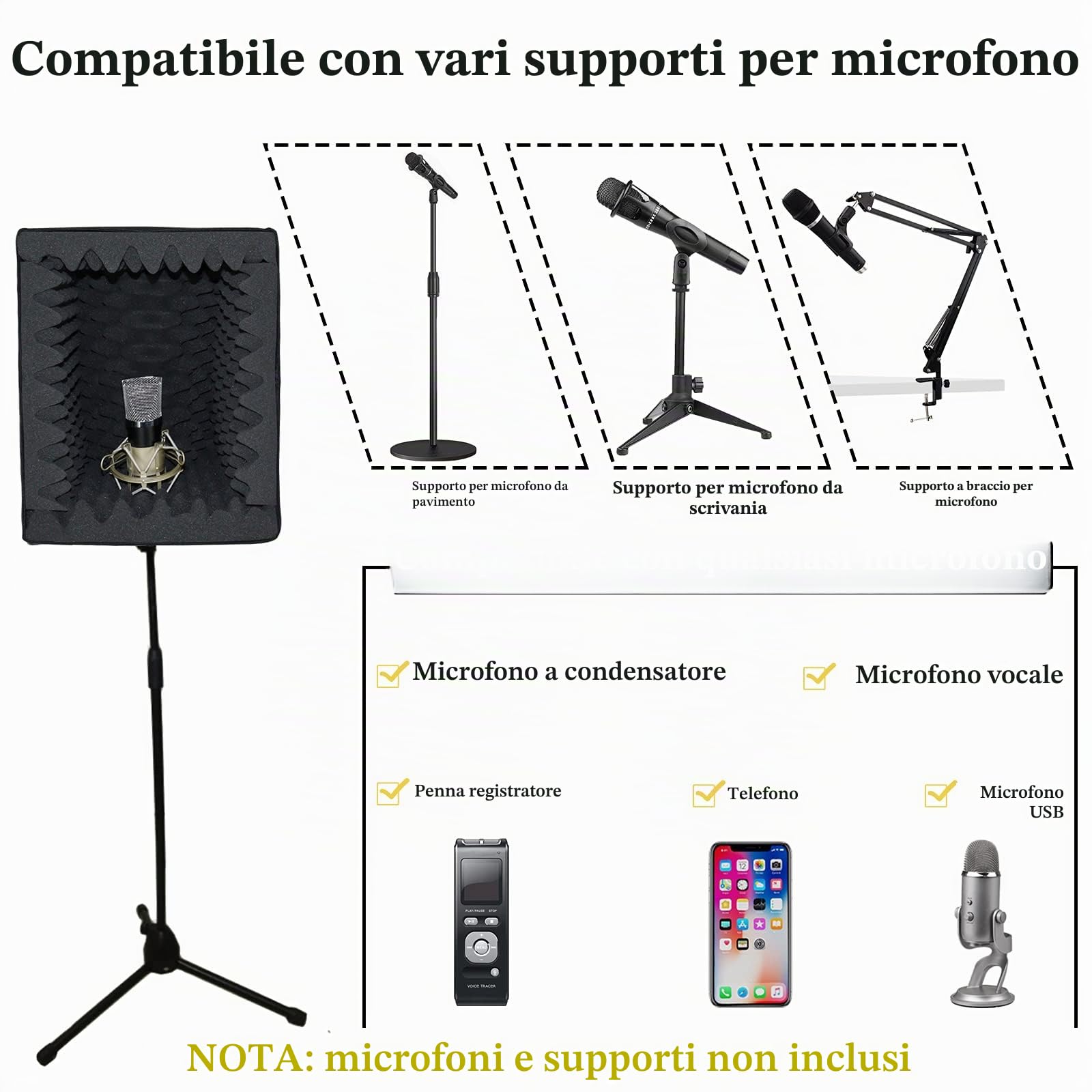 BXI - Box portatile per la registrazione vocale, grande, pieghevole, scudo isolante per microfono, scatola fonoassorbente per studio di registrazione musicale, filtro antiriflesso per scrivania e