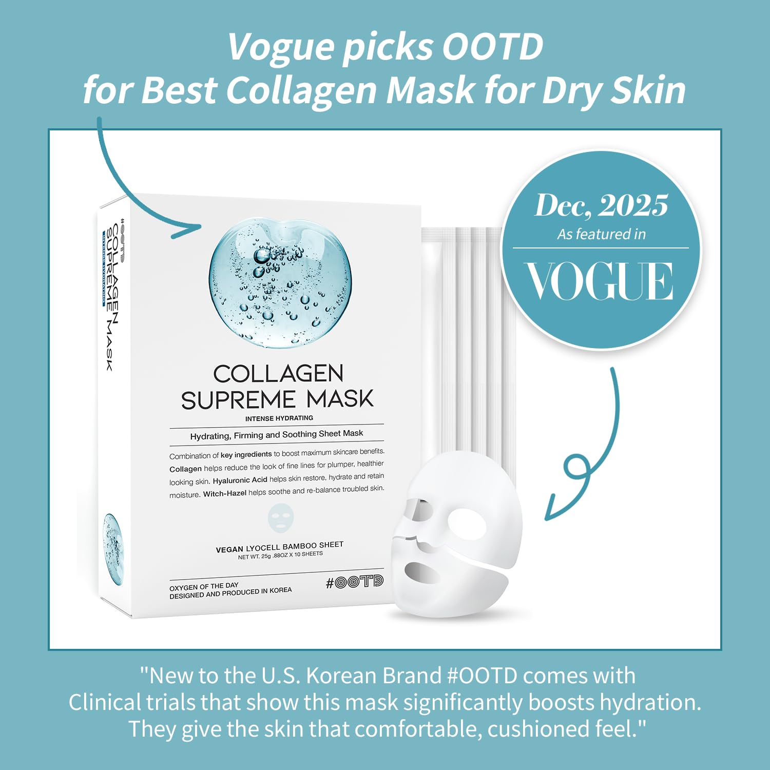 #OOTD Collagen Hydrating Sheet Masks for Face Korean Anti Aging Mask Sheet for Dry Skin & Sensitive Skin, EVE Vegan, Not Tested on Animals, No Parabens, No Sulfates, Hyaluronic Acid, Witch Hazel 10EA - Image 2