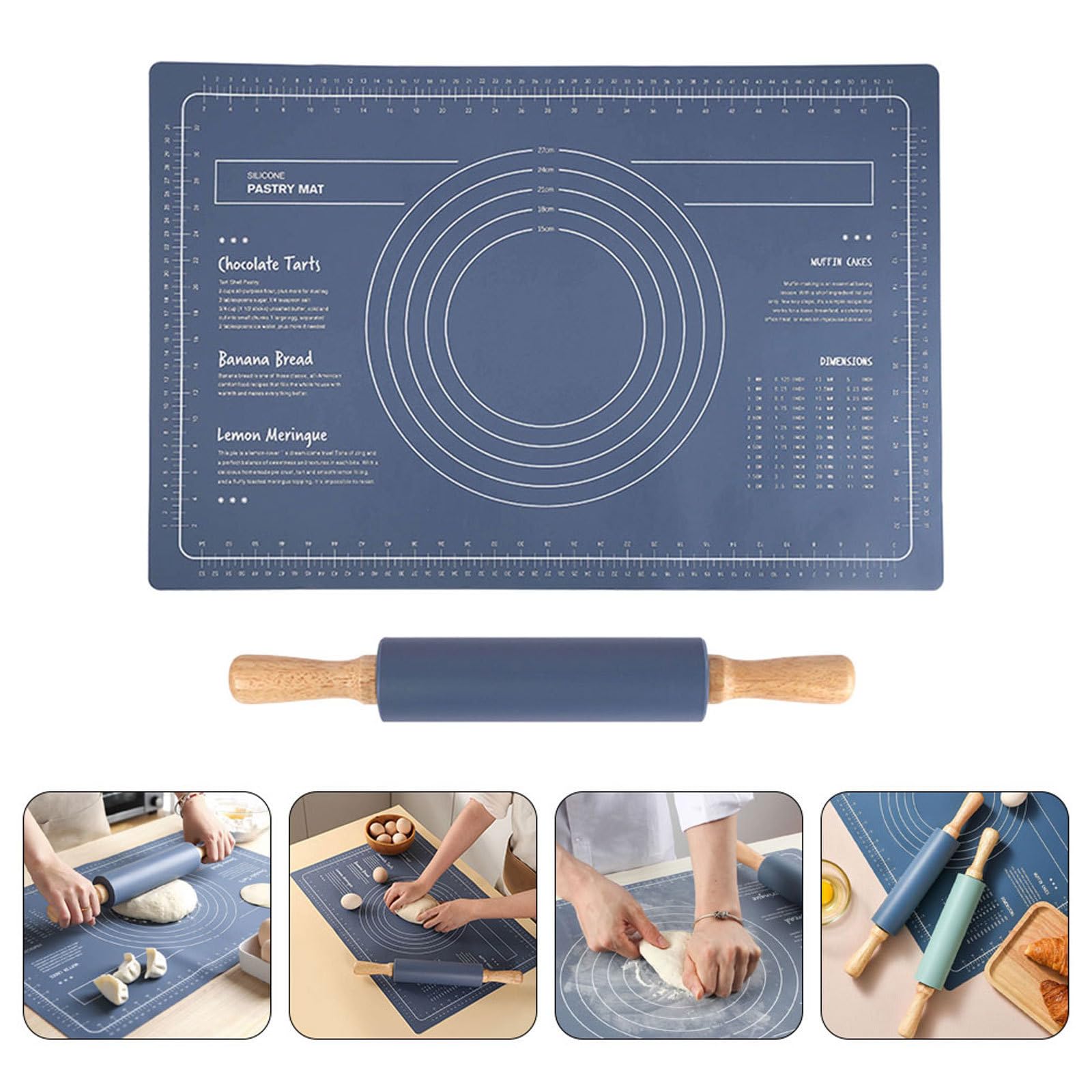 Artibetter Tapete de Silicona para Amasar Pan Antideslizante Rodillo de Madera, Estera de Masa Reutilizable para Pizza y Repostería, Superficie Lisa Azul