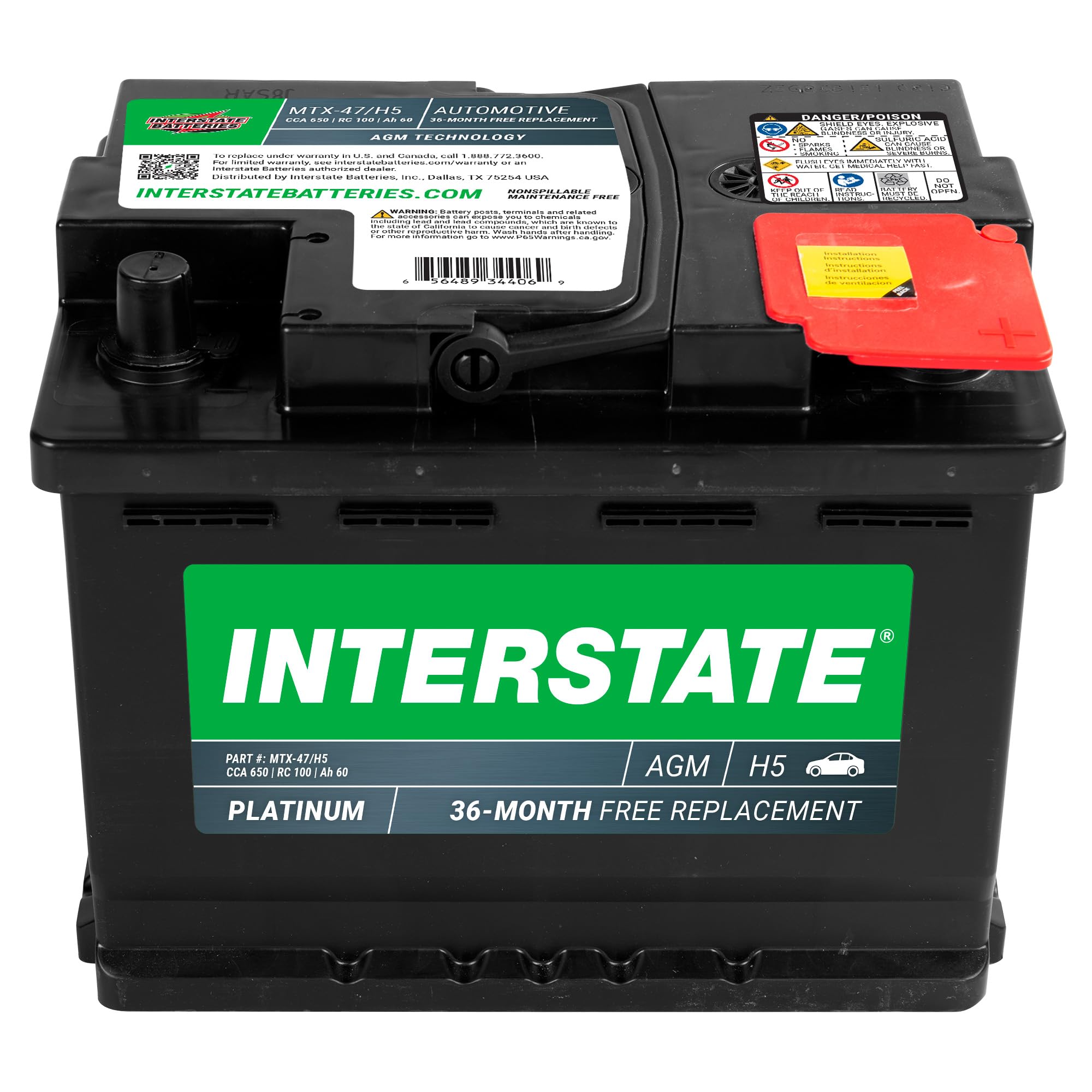 Interstate Batteries Mega-Tron® Automotive Battery 12V 60Ah (Group Size H5, 47) 650CCA SLI AGM Automobile Replacement Battery for Cars, SUVs, Sedans, Trucks (MTX-47/H5)