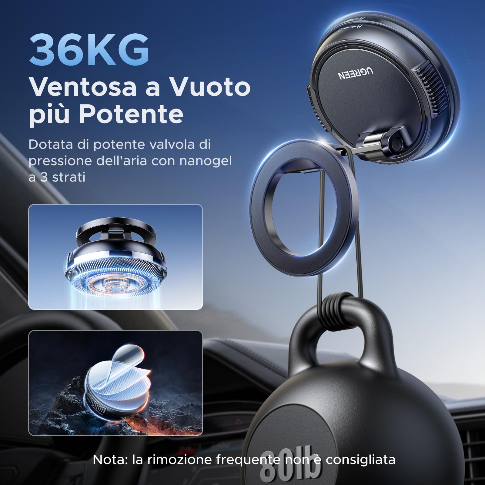 UGREEN Supporto Telefono Auto Magsafe Potente Ventosa Magnetico Porta Cellulare Auto Rotazione a 360° per Cruscotto Compatibile con iPhone 17 Pro Max Air 16 15 14 Galaxy S25 S24 Pixel 10 9, Nero