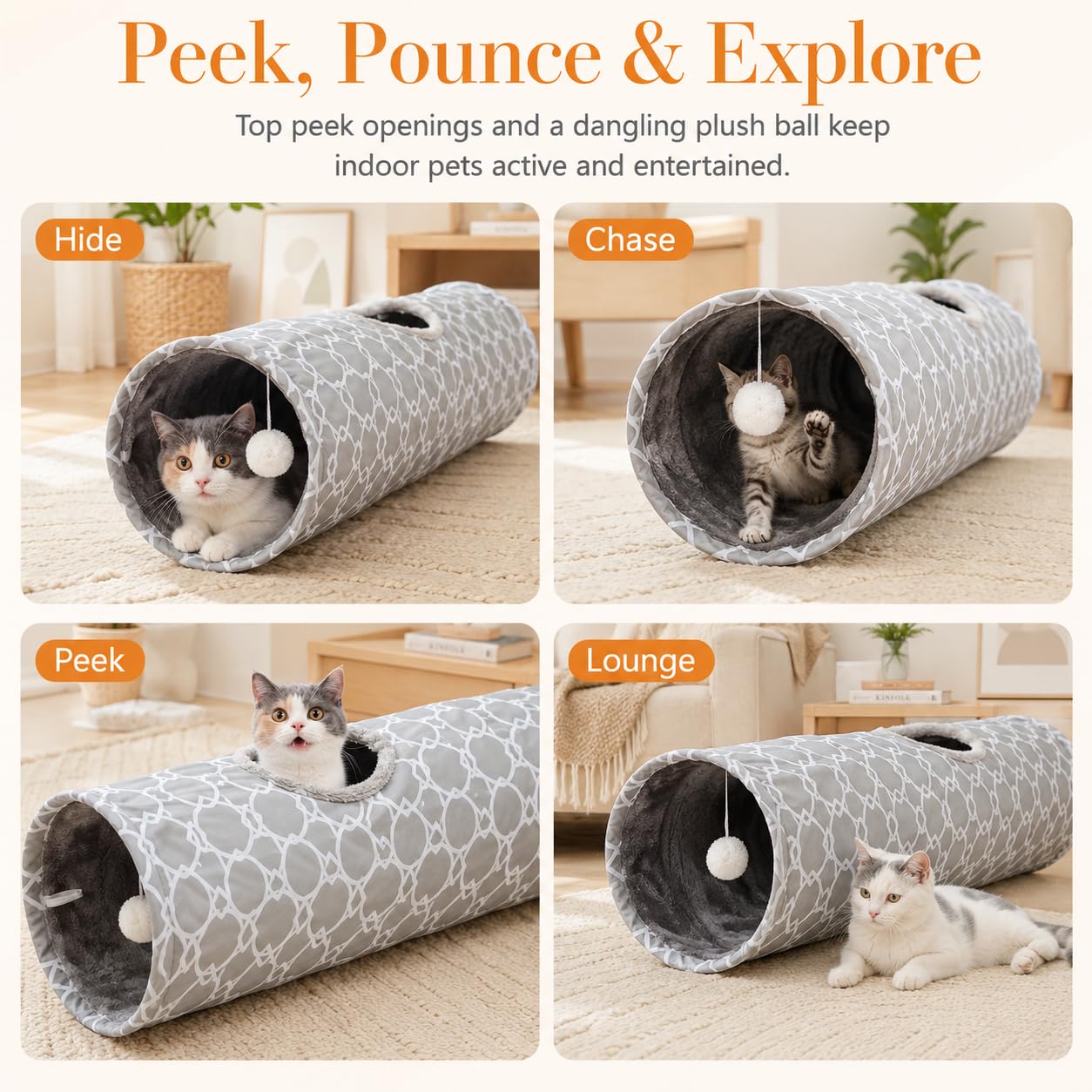 Túnel geométrico para gatos con felpa en el interior, juguetes para gatos, tubo de túnel plegable con bolas, para conejos, gatitos, hurones, cachorros y perros (gris-blanco-XL)