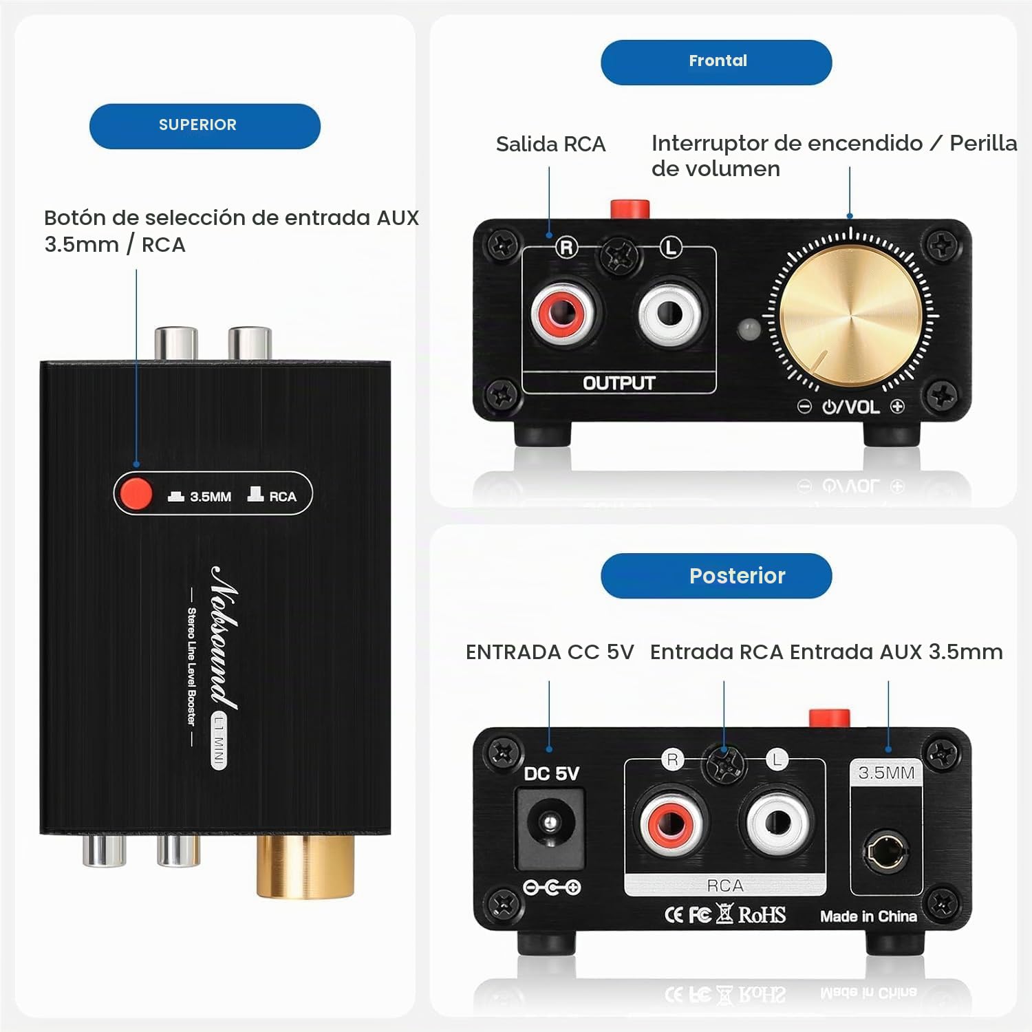 Nobsound Mini amplificador de nivel de línea estéreo de audio preamplificador de ganancia de 20 dB con control de volumen (L1MINI)