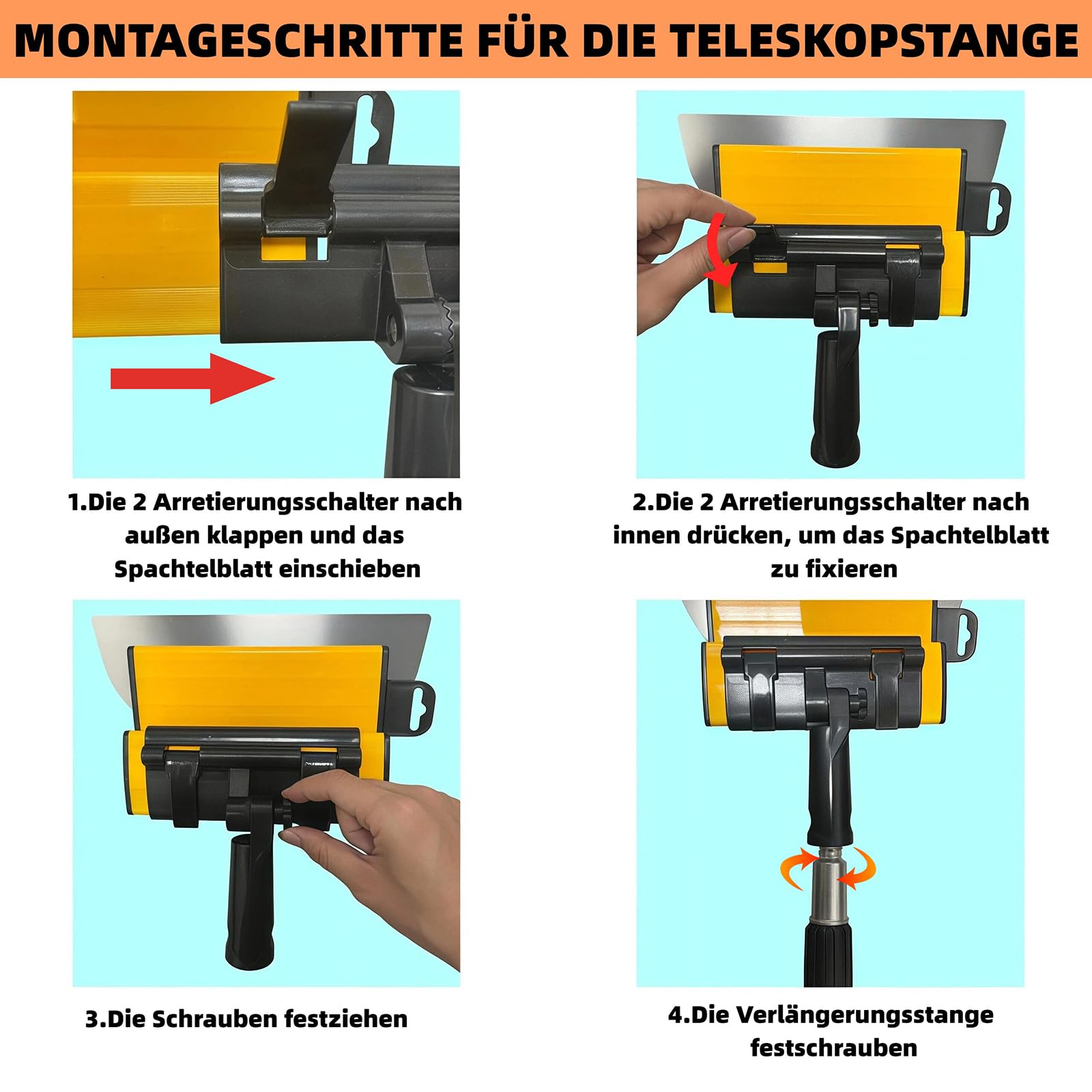 15 Stück Flächenspachtel Set, Flächenspachtel 15 cm/25 cm/40 cm/60 cm/80 cm | Edelstahl Spachtel Werkzeug, mit Teleskopstange & 5 Ersatz-Flächenspachtel, für Wandbearbeitung und Großflächiges Arbeiten
