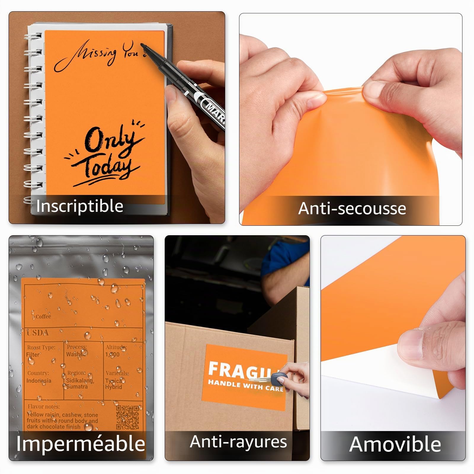 Lot de 250 étiquettes thermiques rectangulaires en vinyle imperméable pour code QR et adresse de bureau Orange 15,2 x 10,2 cm