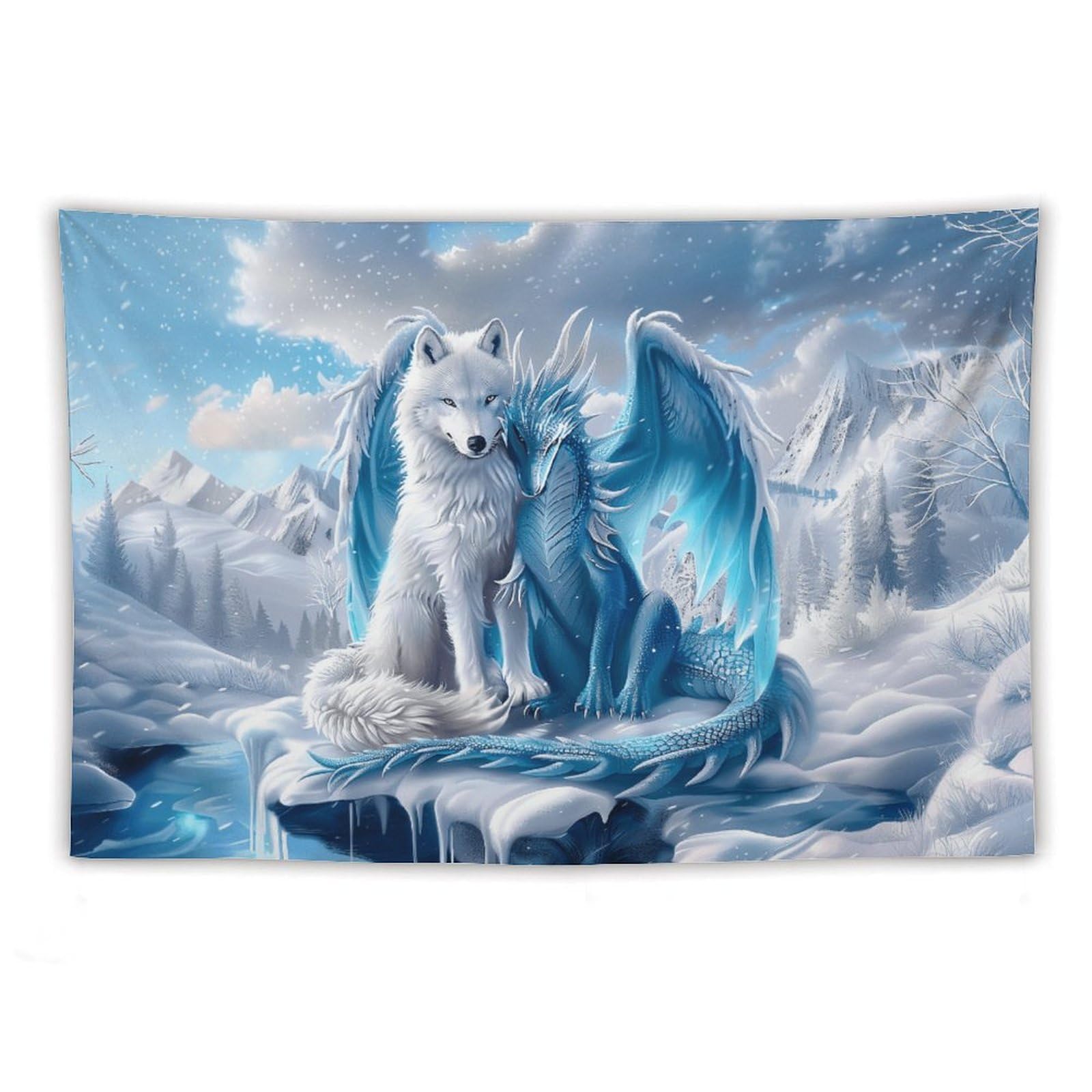 CLiqr Tapestry Blue Dragon And Wolf in Snow Winter Wall Hanging Aesthetic Decoration For Bedroom Living Room Wall Art Tapestries 40"x60"