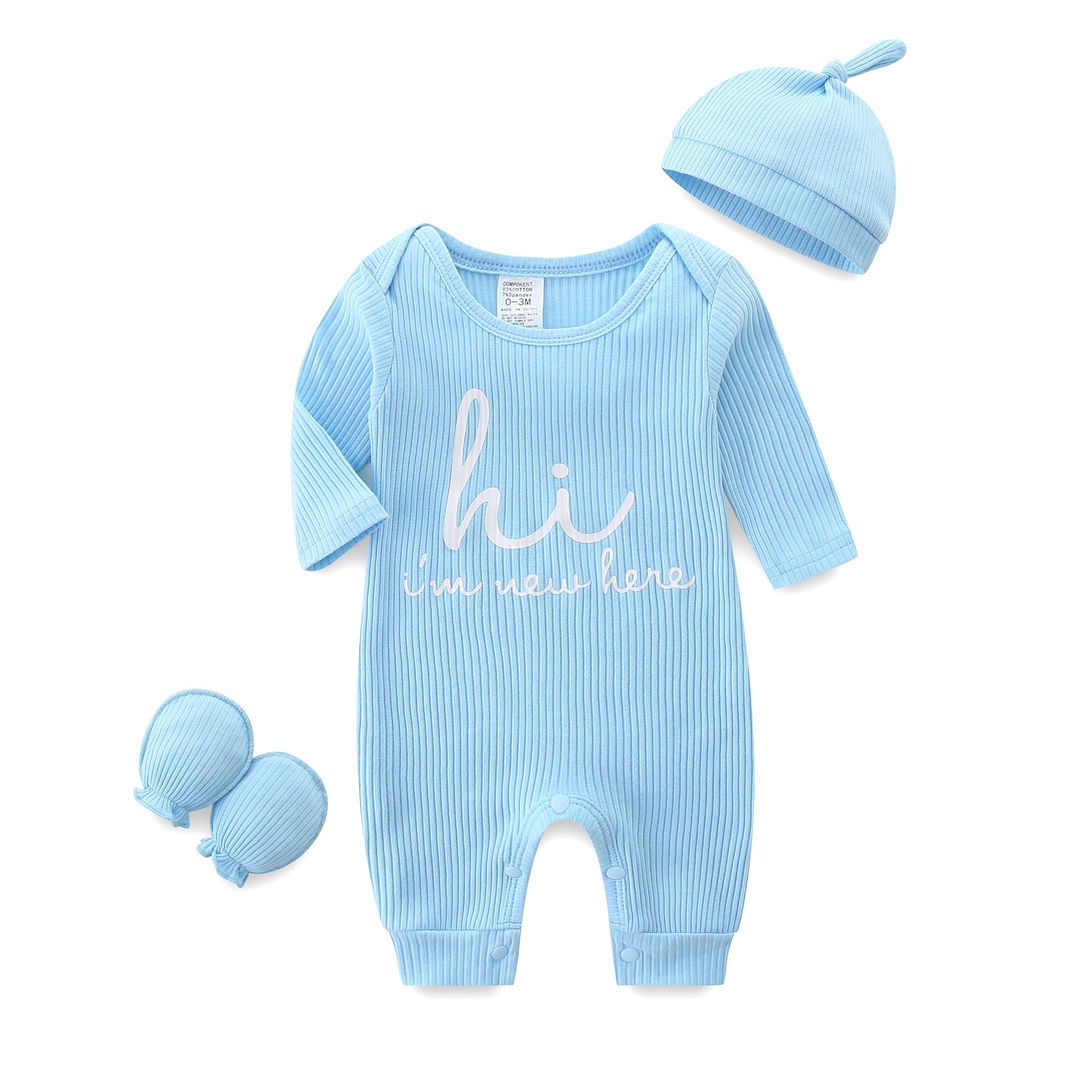 Newborn Unisex Baby Clothes 0-3 Months Long Sleeve Onesie Infant Coming Home Outfits Romper with Mittens Hat